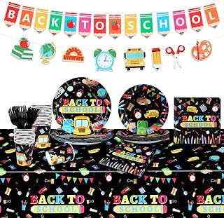 Qpout 122 PCS Back to School Party Supplies, Disposable Tableware Set for 24 Guests Include Plates and Napkins Cups Forks Banner and Tablecloth, First Day of School Party Decorations