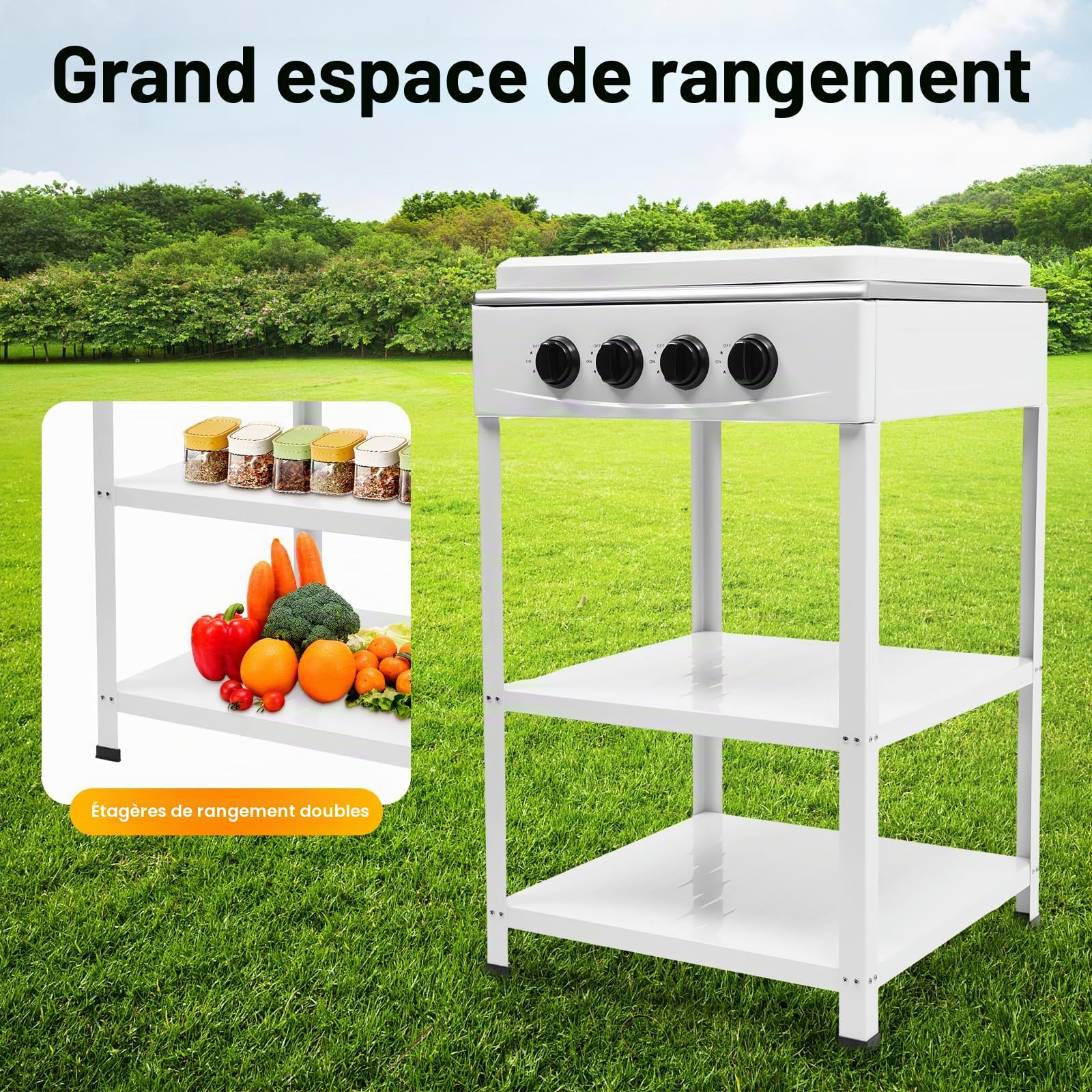Cuisinière À Gaz 4 Feux Blanche, Réchaud De Cuisine Sur Pied Avec Couvercle Et Étagères, Compacte Et Robuste, Idéale Pour La Cuisine, Le Camping Ou Les Extérieurs, Facile À Nettoyer