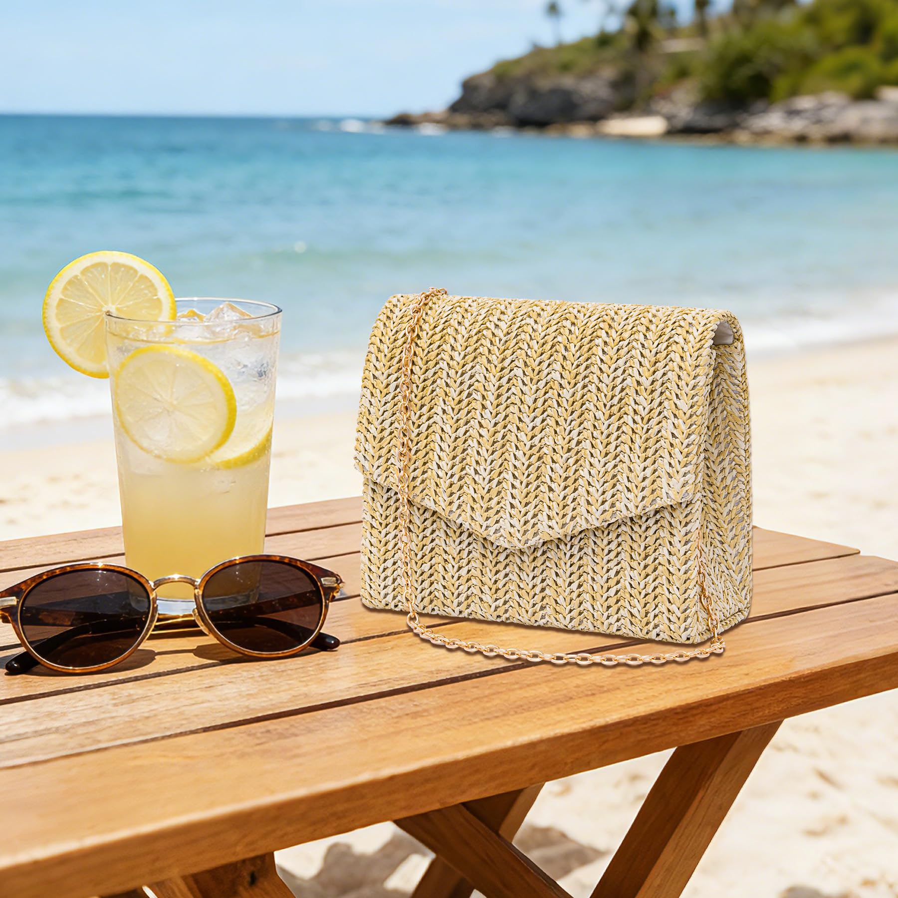 Larcenciel Pochettes et Clutches Femme en Paille, Sac Paille Beige avec Chaîne, Sac à Main de Plage Bohèmes Tissées pour Party