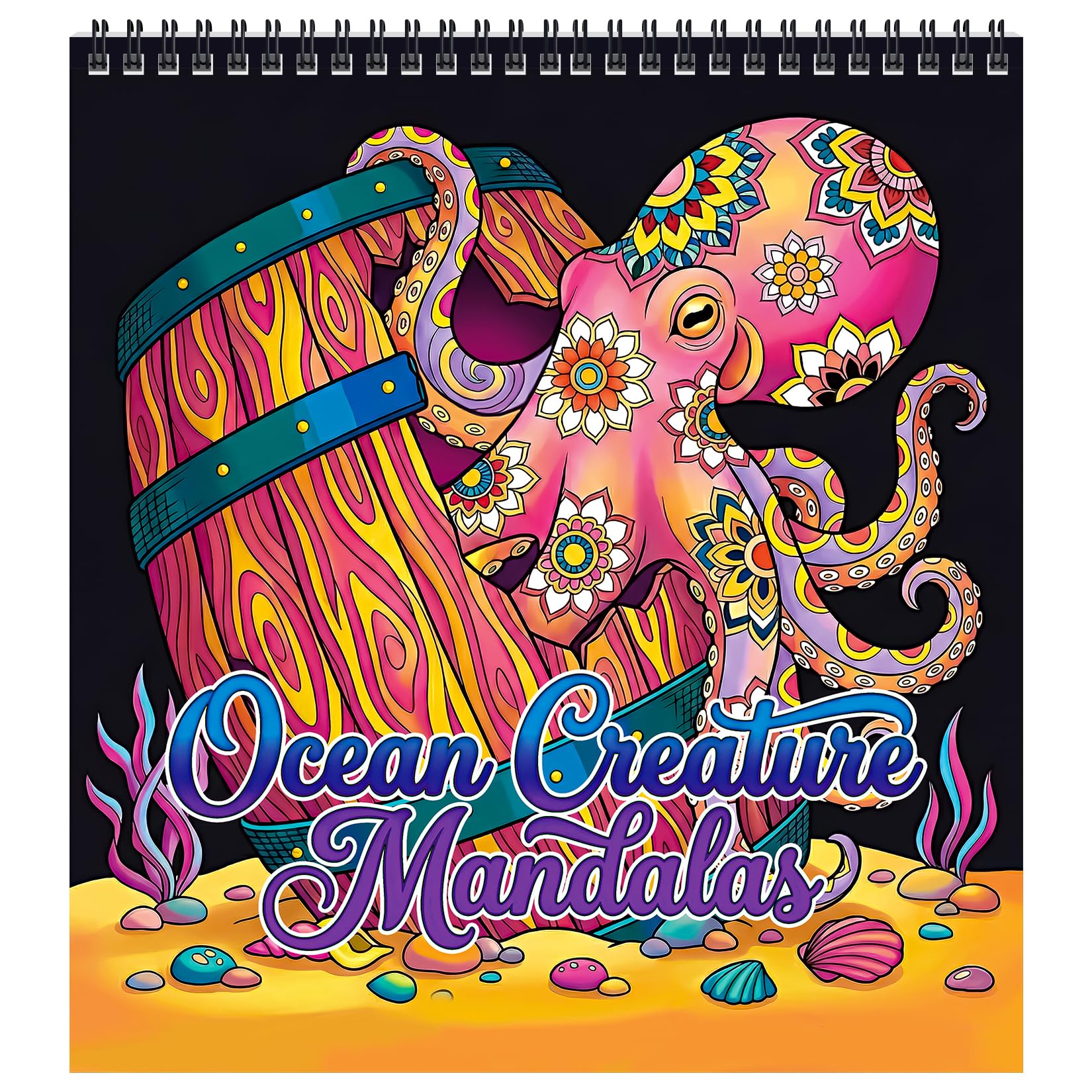 FUNLAVIE Adult Colouring Book – Ocean Animal Mandala Designs for Relaxation, Spiral Bound Mindfulness Colouring Book for Adults, Ocean Creature Mandalas and Patterns