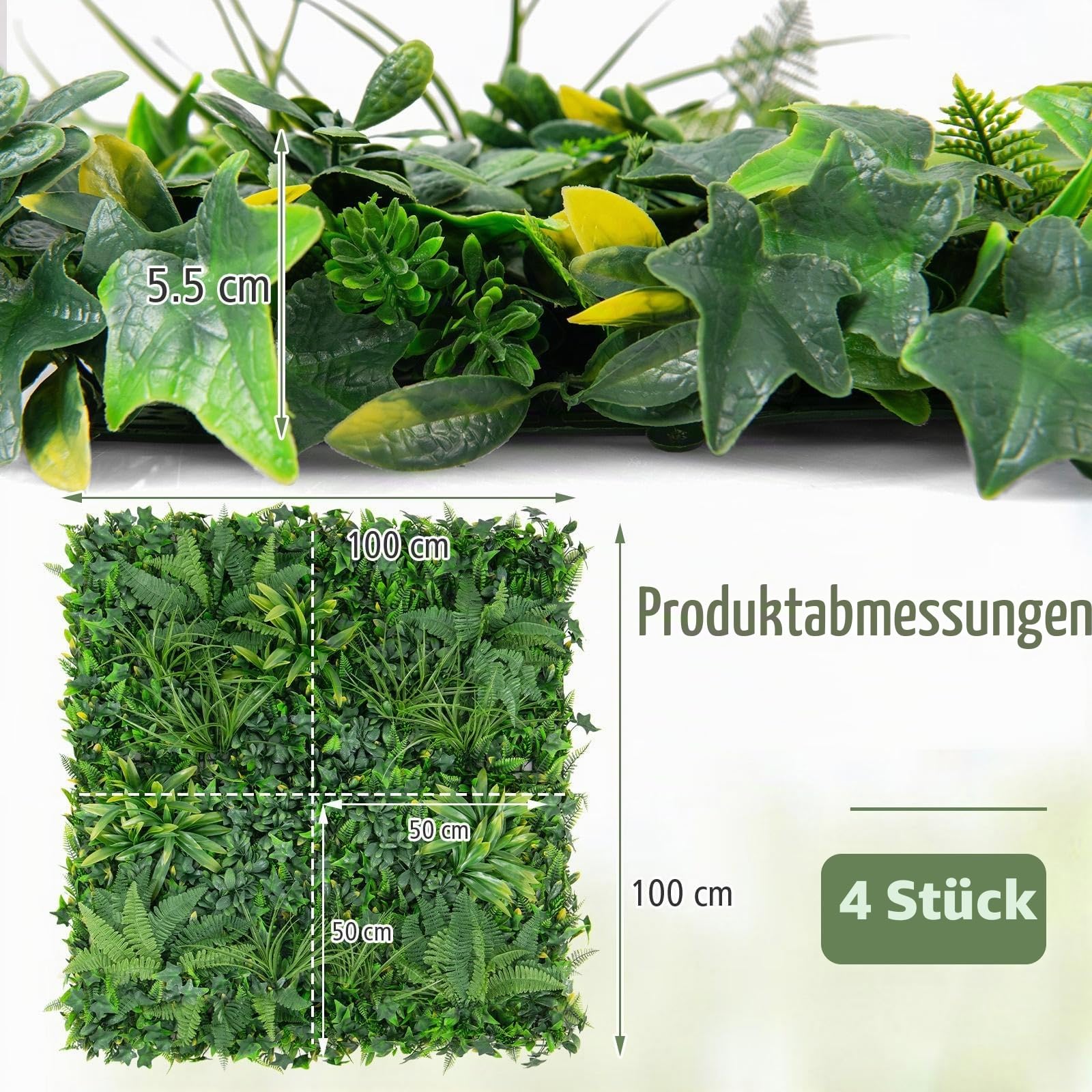 SOARS 4 Stück Künstliche Pflanzenwand, Hecke 50x50cm mit UV-stabilisierten Paneelen & verschiedenen Blättern, für Wohnzimmer, Garten, Wand, Hochzeit, Grün