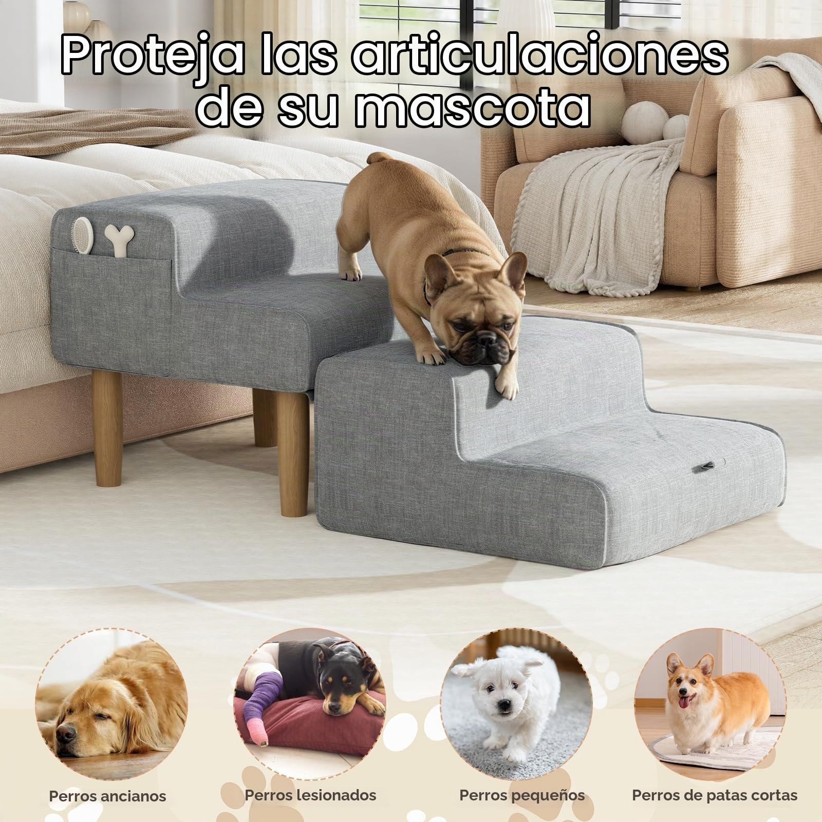 Escalera para perros, 2 en 1, escalera plegable para perros, escalera para perros pequeños y grandes, escalera para sofá y cama, 4 peldaños, 32 cm de alto, para gatos viejos, gris