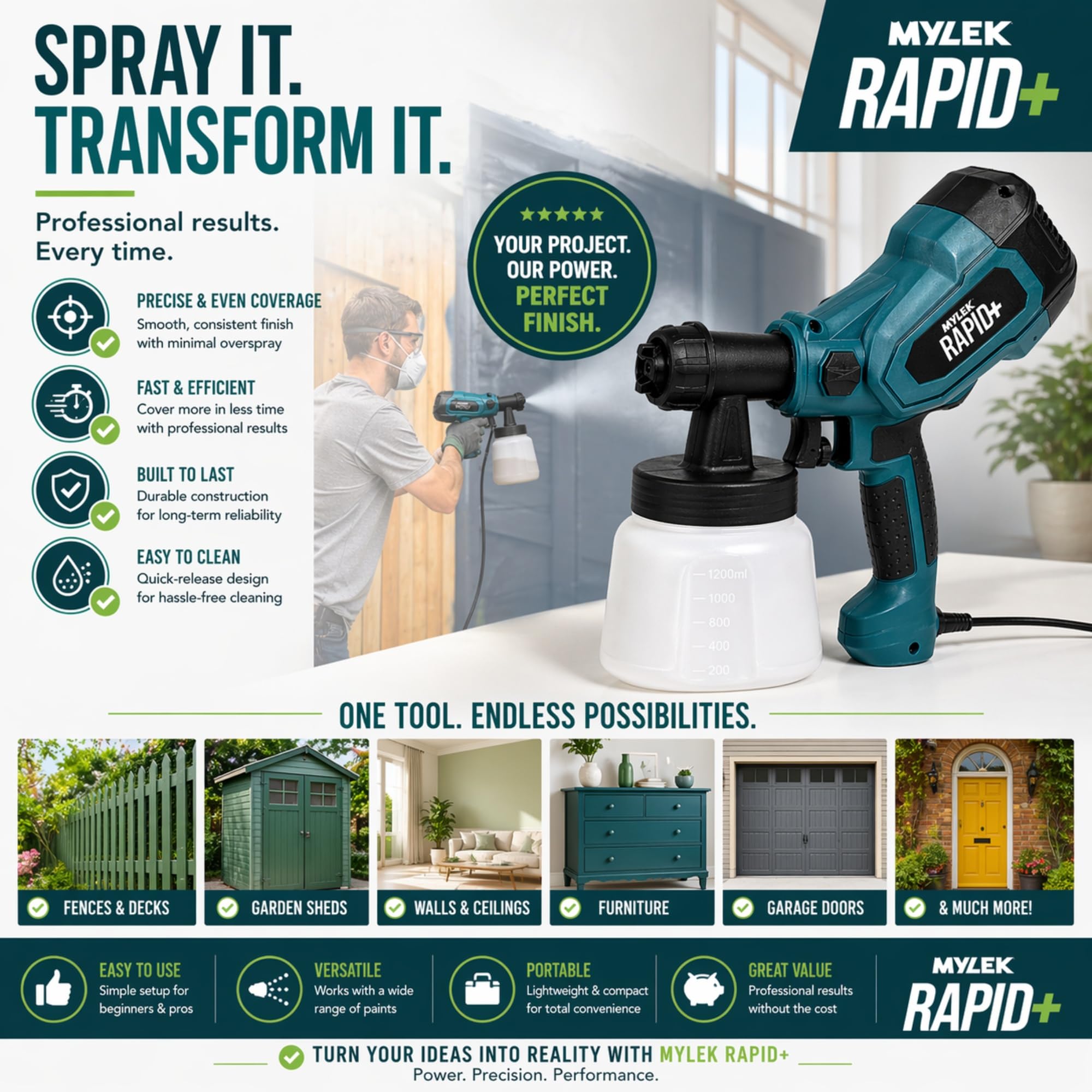 MYLEK Pistola pulverizadora eléctrica 400 W para interiores, exteriores, casa o jardín, vallas, paredes, madera, disolventes, pinturas a base de agua, emulsiones, barniz, conservantes y más