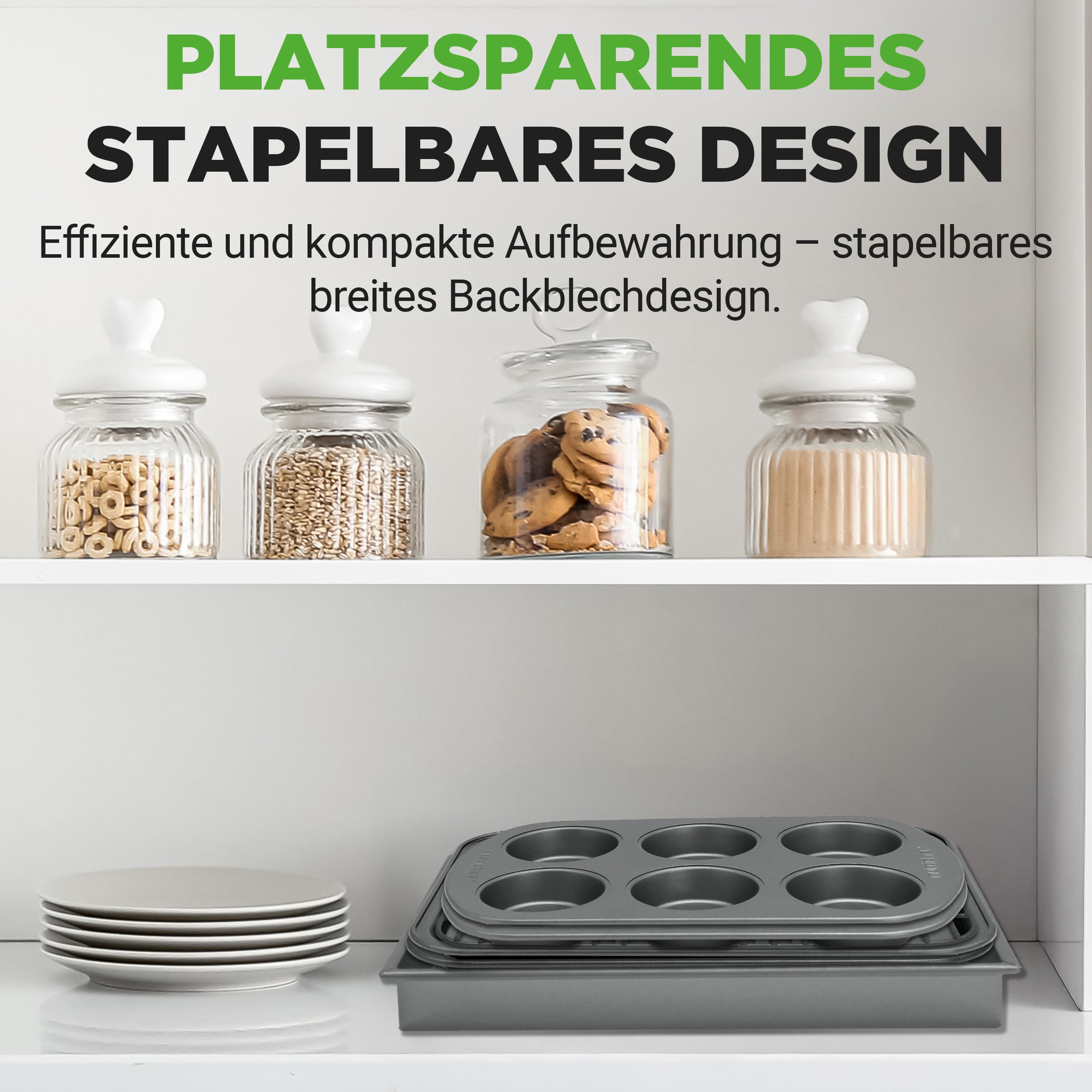 NutriChef Backform Set – 6-teiliges Antihaft Backblech und Muffinblech aus Karbonstahl, stapelbar und spülmaschinenfest, für Kuchen, Muffins und Brot, platzsparend für Toasterofen und kleine Küchen