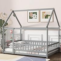 Vista 19 de Bellemave Cama de Tamaño Matrimonial de Piso Tipo Casa, Cama Montessori de Madera con Valla y Techo para Niños, Base de Cama Completa Tipo Casa