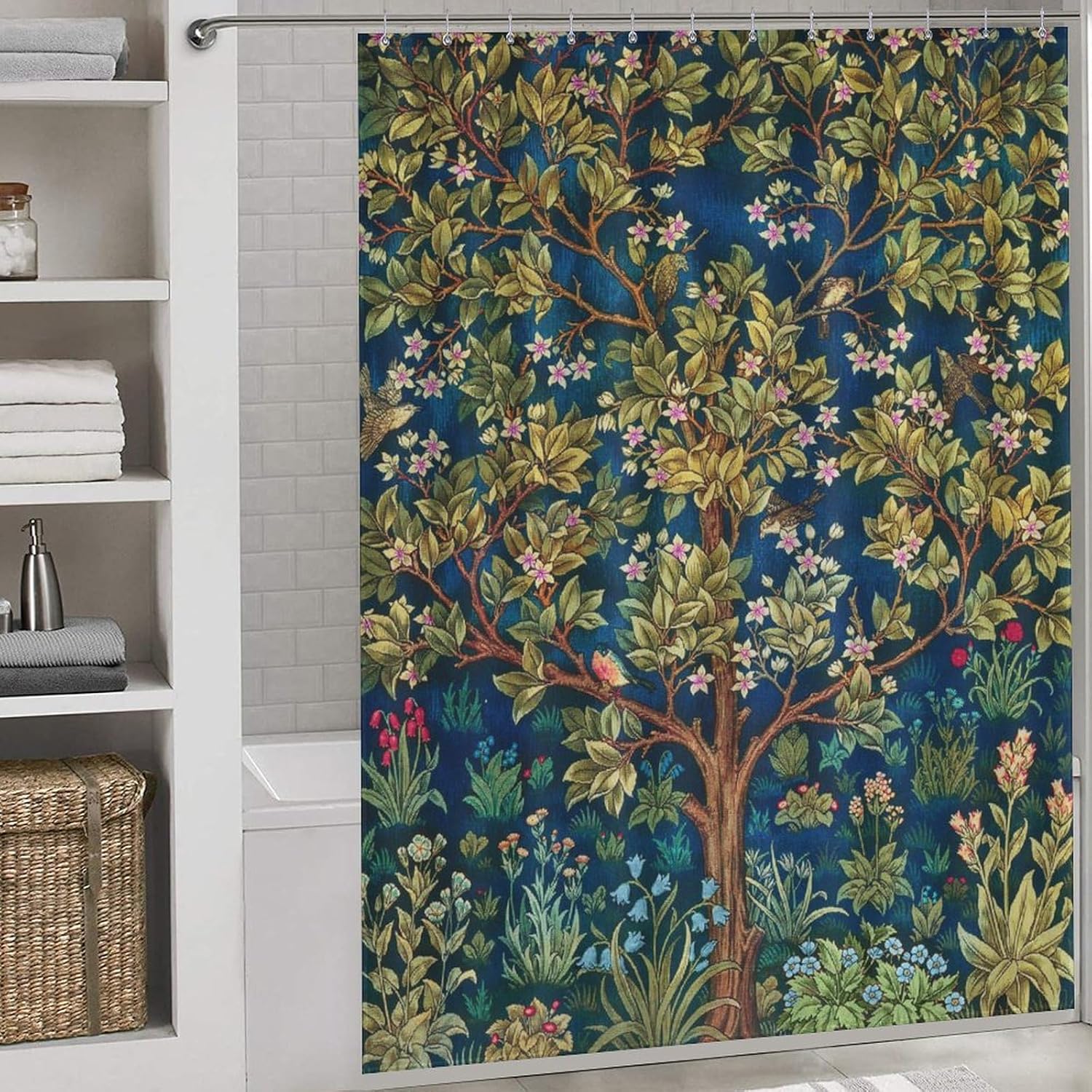 Boho William Morris Shower Curtain, Vintage Tree of Life Art Style Shower Curtain Set for Bathroom Fabric Decorative Bath Curtain Washable Curtain Hooks, 72x72”