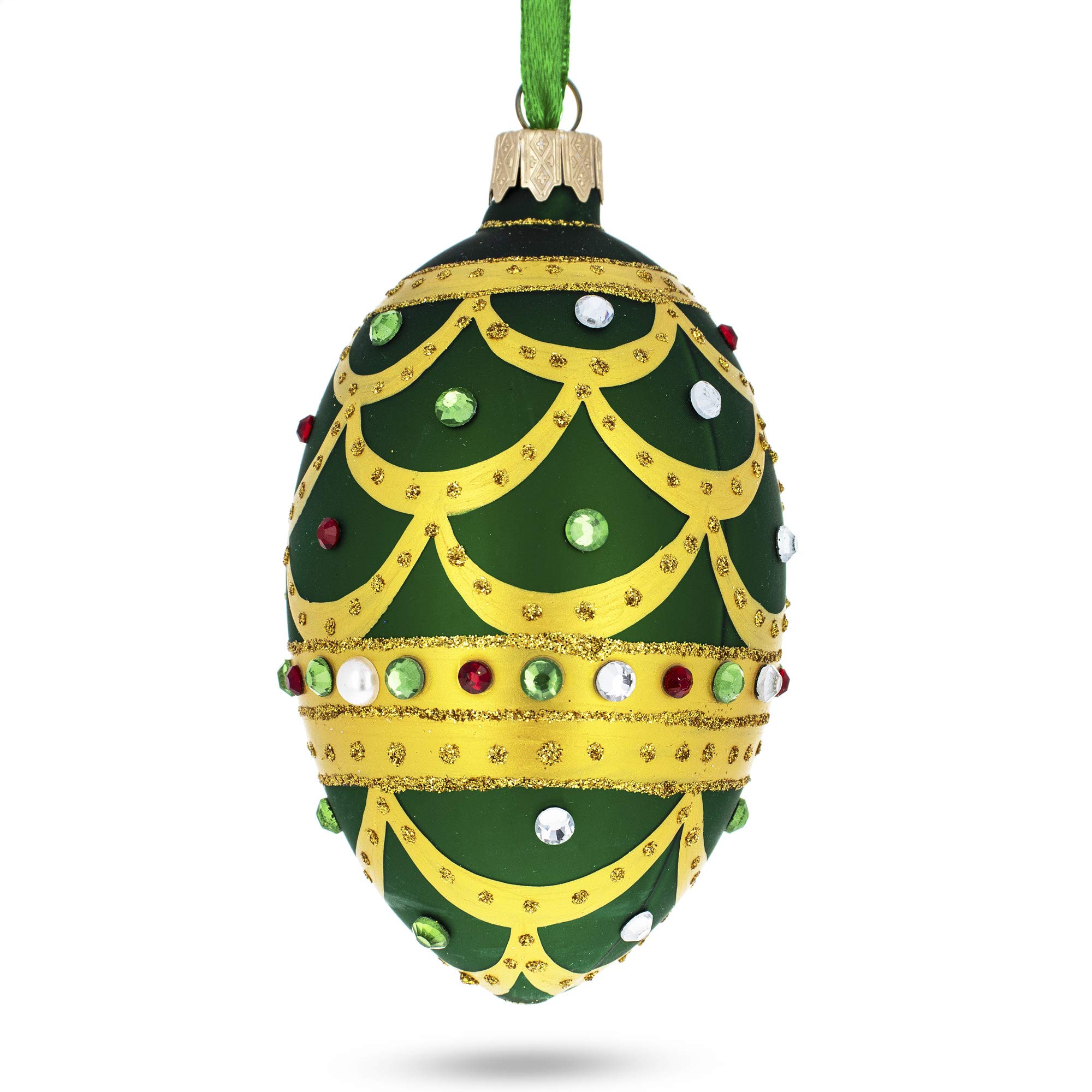 Ornement en Forme de Treillis Dorés sur Verre à Œuf Vert BESTPYSANKY