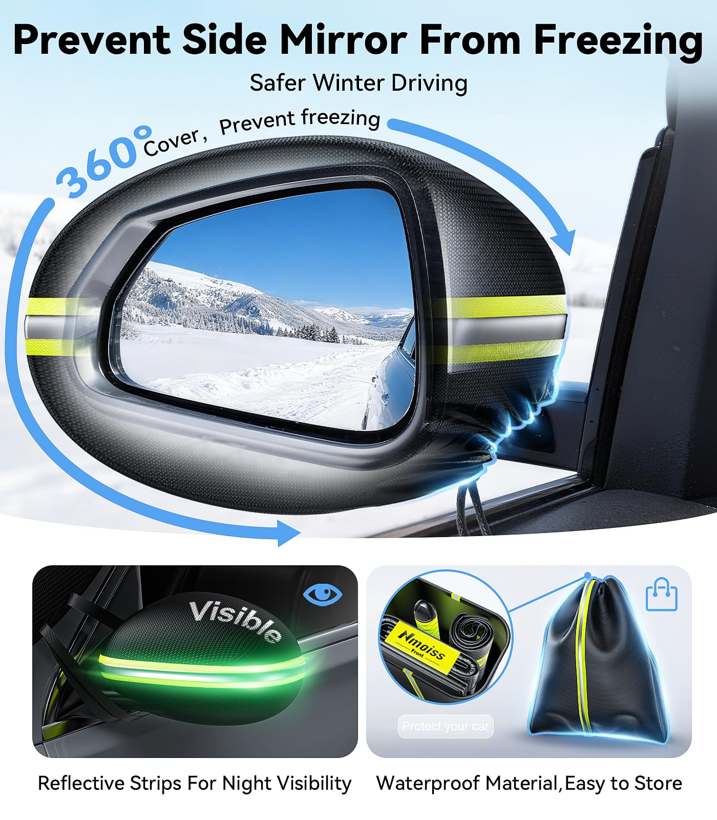 Nmoiss-3-in-1 Windshield Snow Cover for Ice Snow Frost 600D Heavy Cover Ice Scraper Complete Winter Protection with 360 — view 9