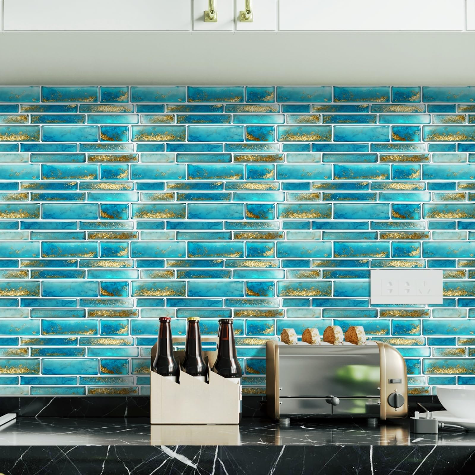 Stick on Kitchen Tiles 12x24 cm Brick Gold Blue Peel and Wall Waterproof PVC for Fireplace Surround Furniture Decoration Tile Stickers Backsplash 20 Pcs
