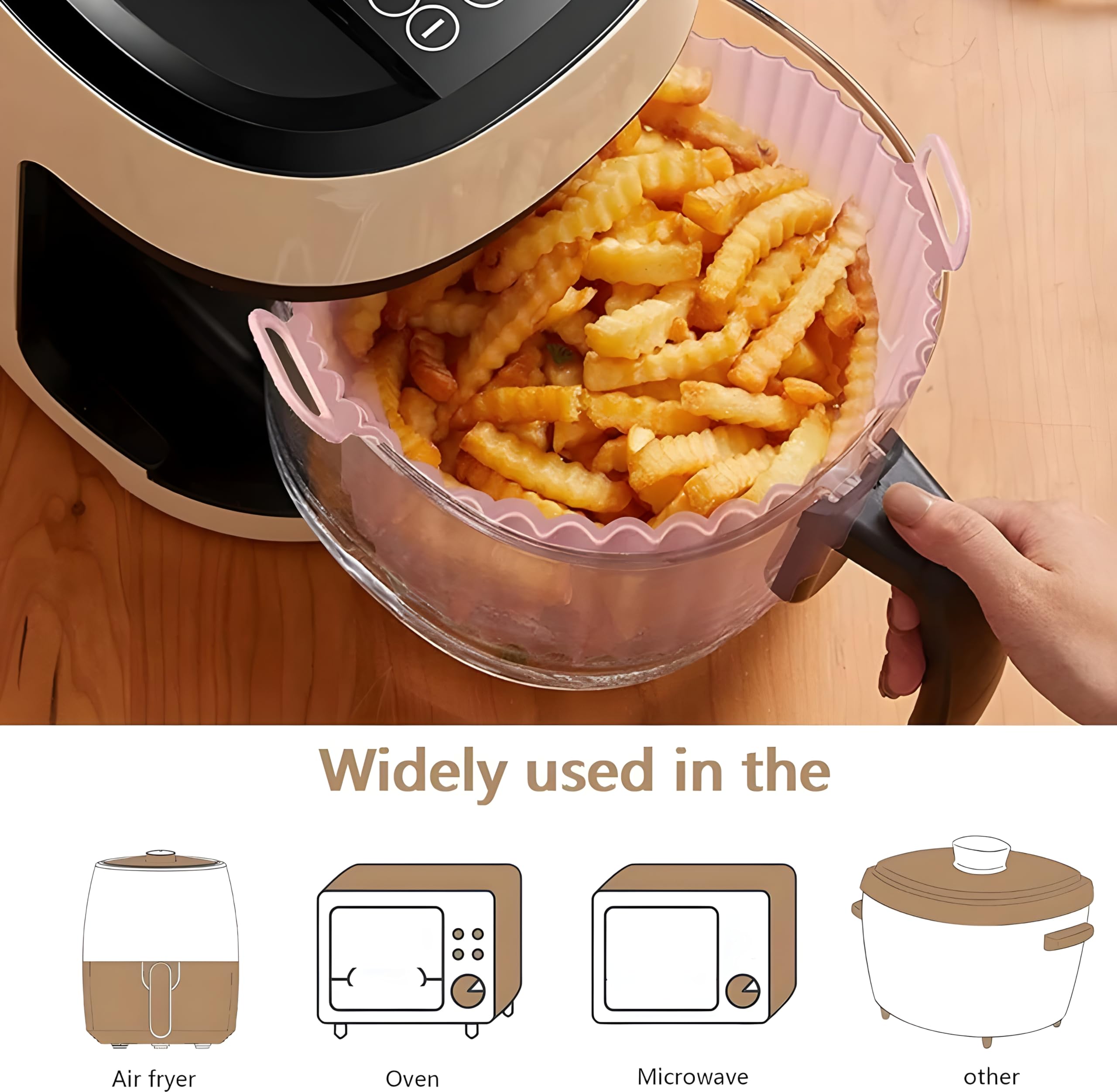 COOLCOLD Air Fryer, Silicone Tray, 140gm | Accessories, 7.3 In Bottom (Fit - 4.2QT to Bigger Size Air Fryer) Non-Stick Silicone Pot Air Fryer Liners with Ear Handles, Easy to Clean, Nonstick- (Pink) 3