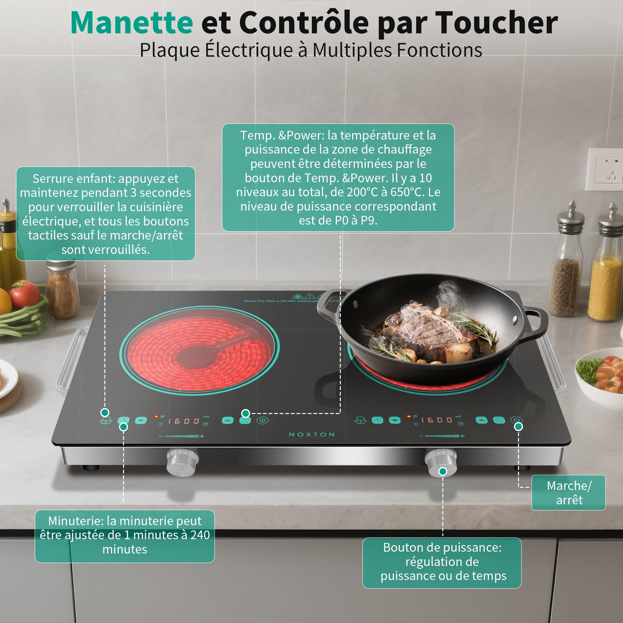 Placa Vitrocerámica Portátil, 2 Fuegos, con Mango y Enchufe,Control Táctil | NOXTON 30 cm, Césped Borde Verde, control táctil y por mando, temporizador, bloqueo para niños, 3200W, 9 niveles de potencia