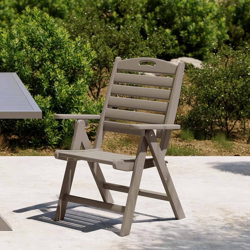 Outdoor Adjustable Highback Folding Patio Dining Chair, HDPE Armrest Poly Lumber Restaurant Bistro Dining Chair for Outside Porch Backyard Garden, Weathered Wood