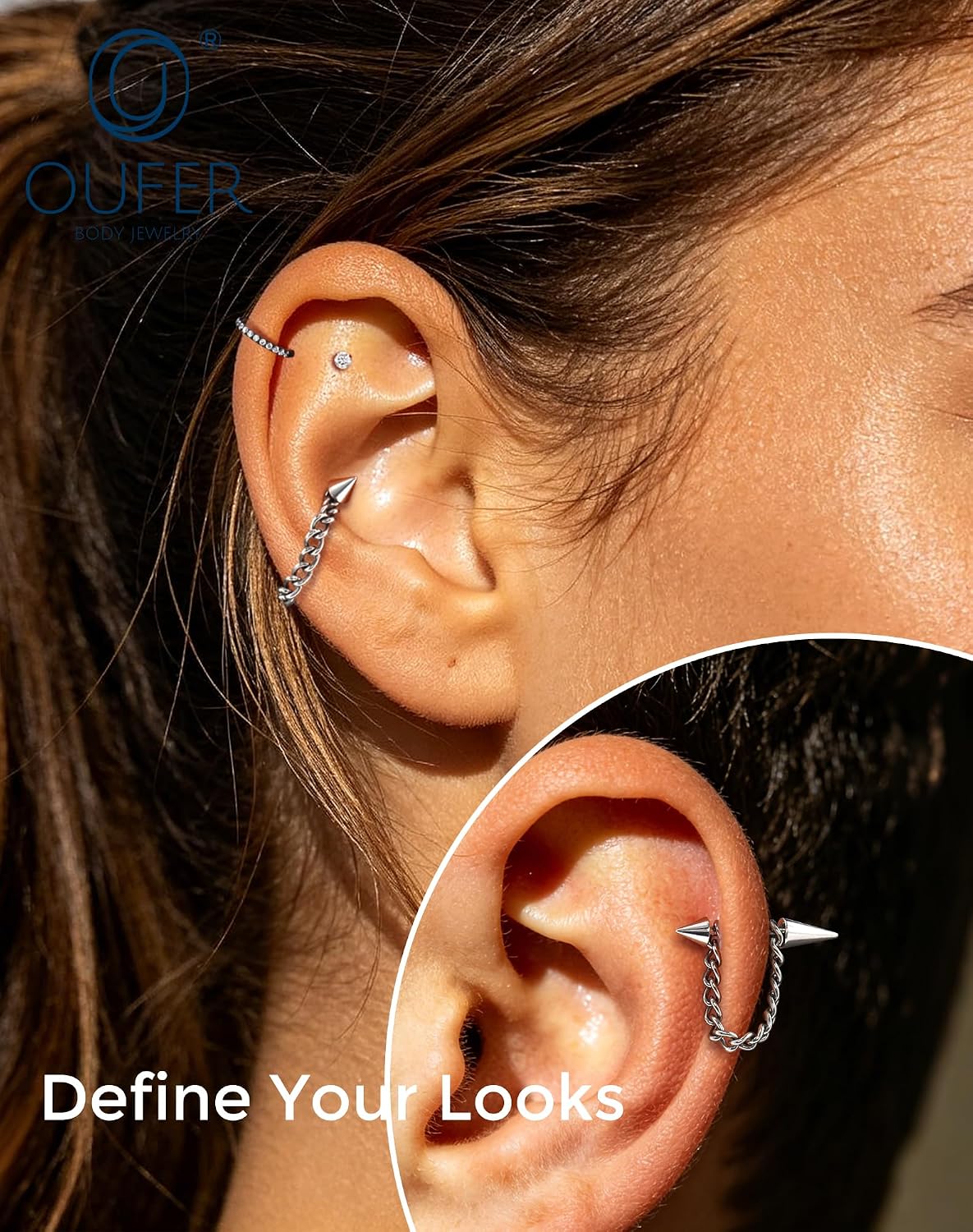 OUFER Titanium Chain Cartilage Piercing Jewelry-16G Internally Threaded Spike Conch Helix Cartilage Earrings for Women Men