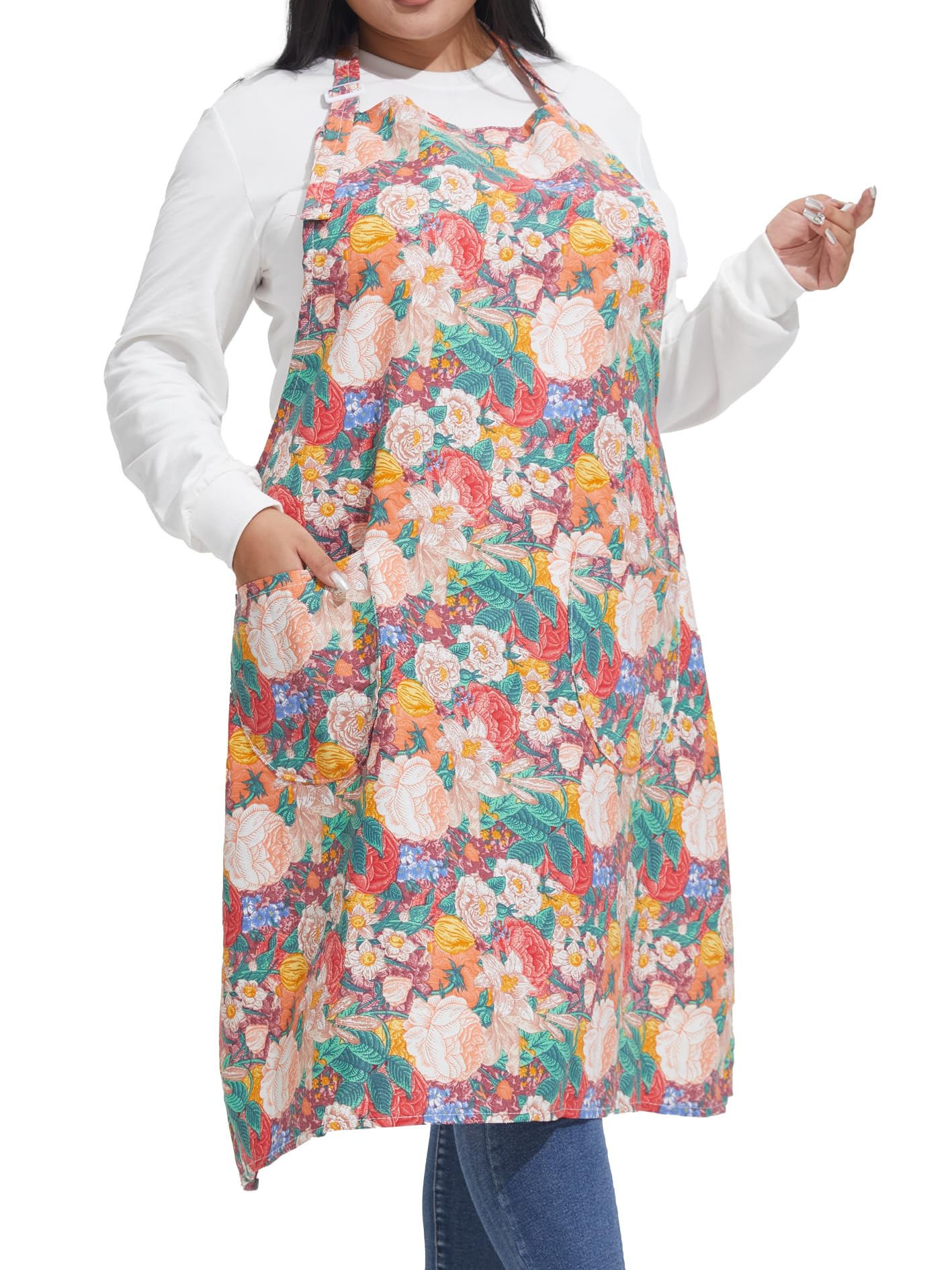APRONNER Cotton Linen Baking Plus Size Aprons for Women with Pockets Kitchen Cooking, Flourishing Splendid, 39’’*39’’, Straps: 39’’*39’’, One Size