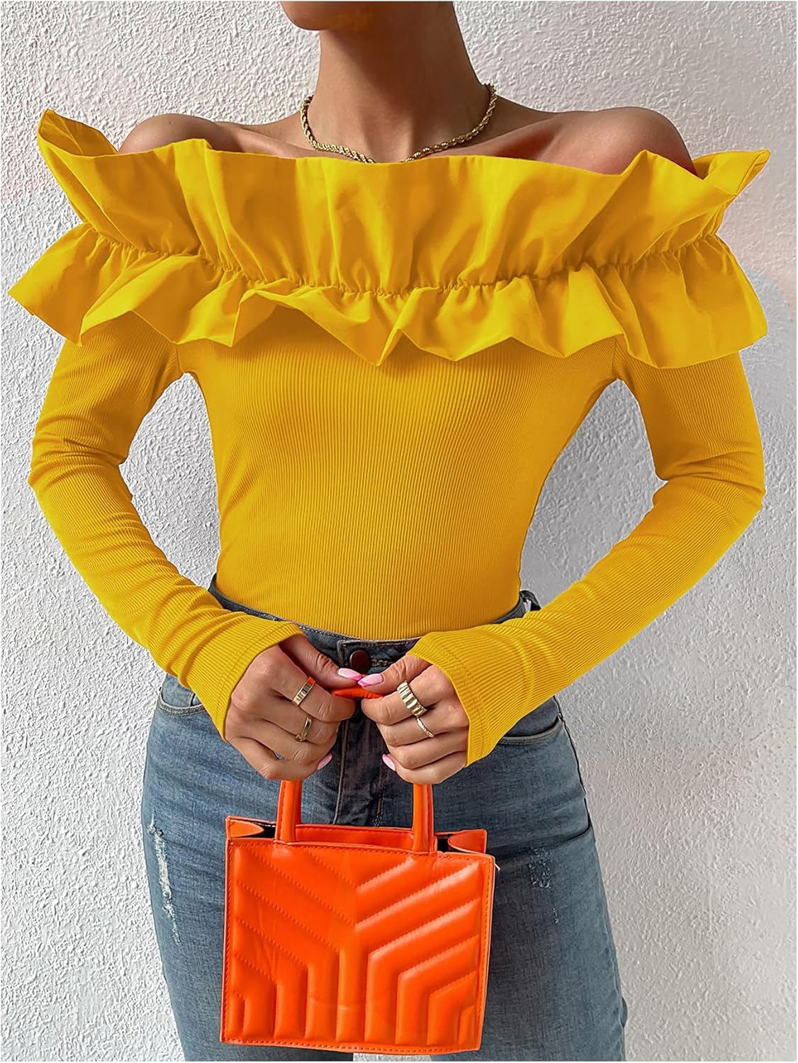OYOANGLE Women's Long Sleeve Rib Knit Ruffle Off Shoulder Blouse Party Tops Shirt - Image 2