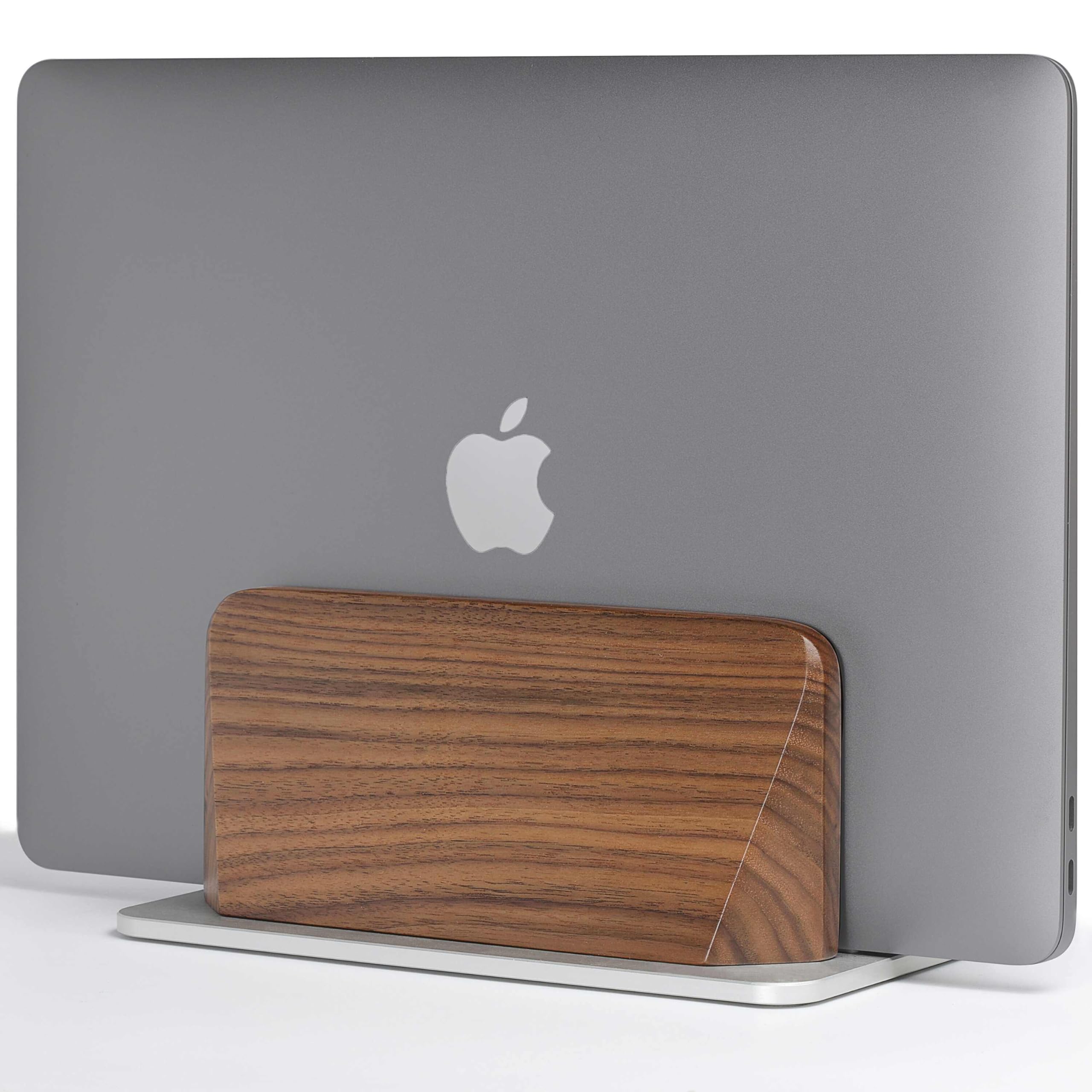 Vertical Laptop Stand Solid Black Walnut Body Silver Anodized Aluminum Base Metal Laptop Holder Vertical for Desk -