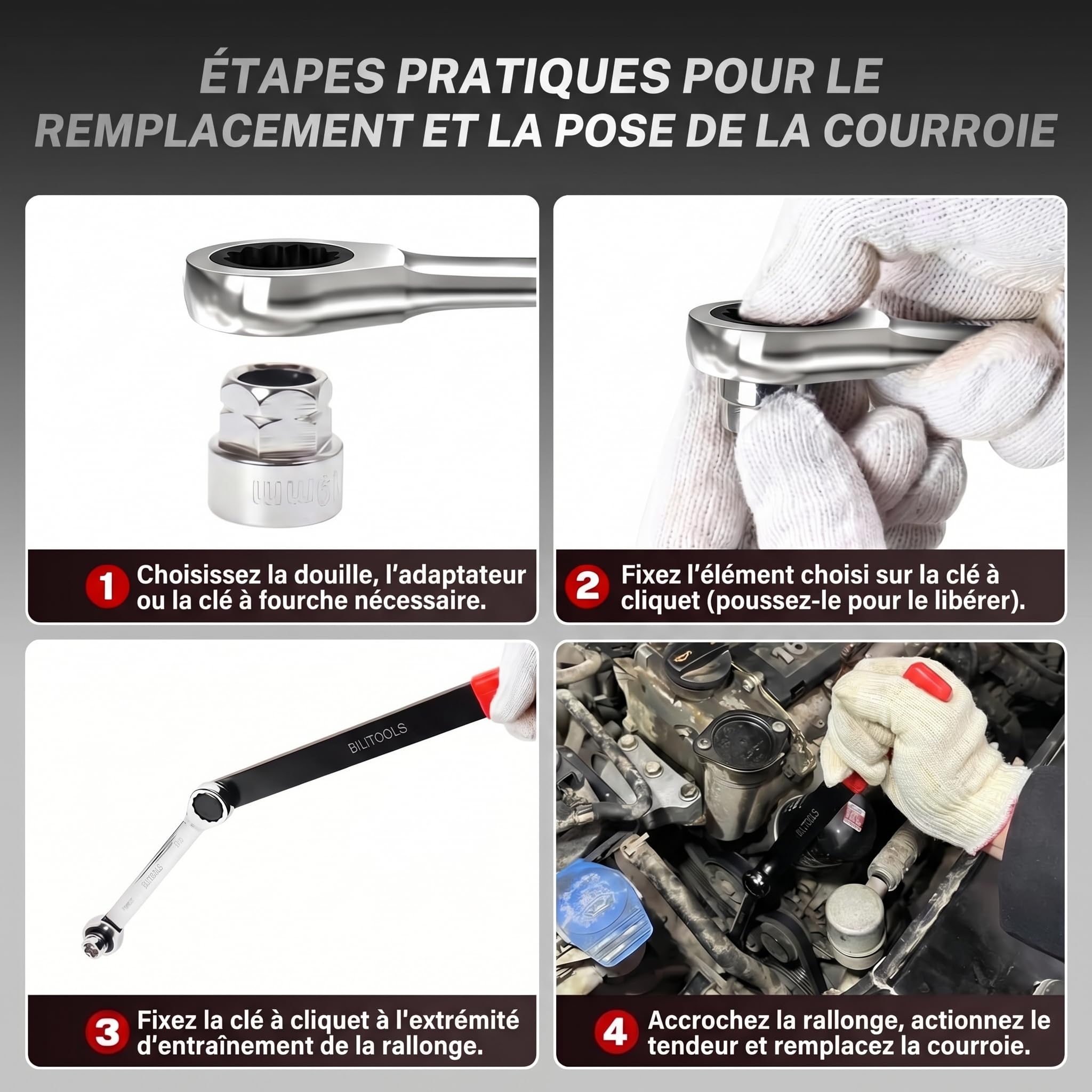 BILITOOLS Tendeur courroie accessoire 15 pcs Outil courroie accessoires | clé courroie accessoire outil pour démontage et tension courroie accessoire douilles à ergot adaptateurs KFZ voiture moteur