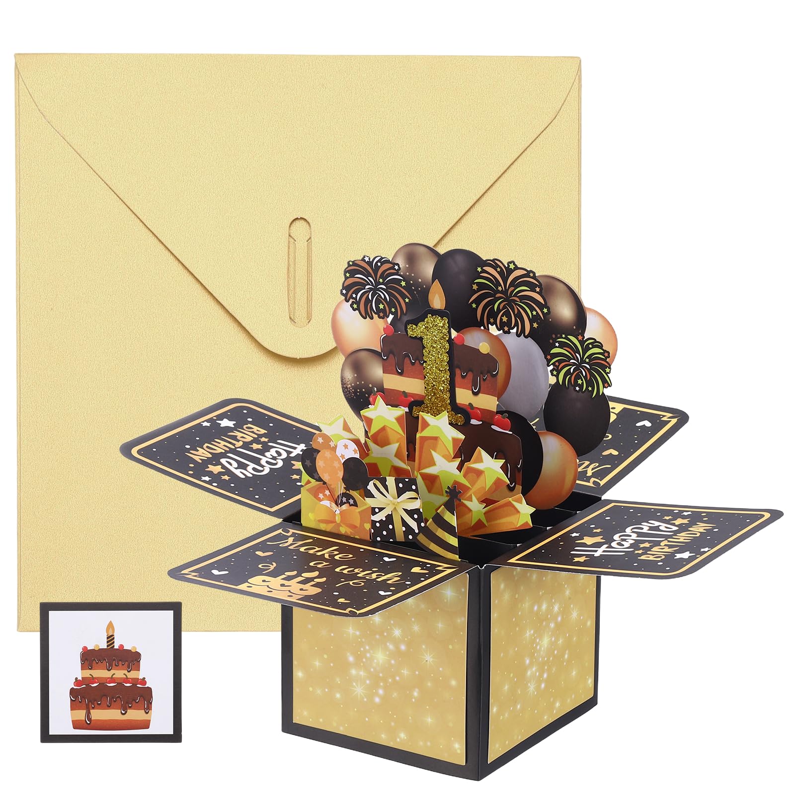 YOKIVE 1 Pcs 3D Birthday Card, 1st Fold Out Birthday Card with Envelope and Small Card for Birthday Party Anniversary Celebration Surprise Greeting Gift, Black Gold Tone — image 1