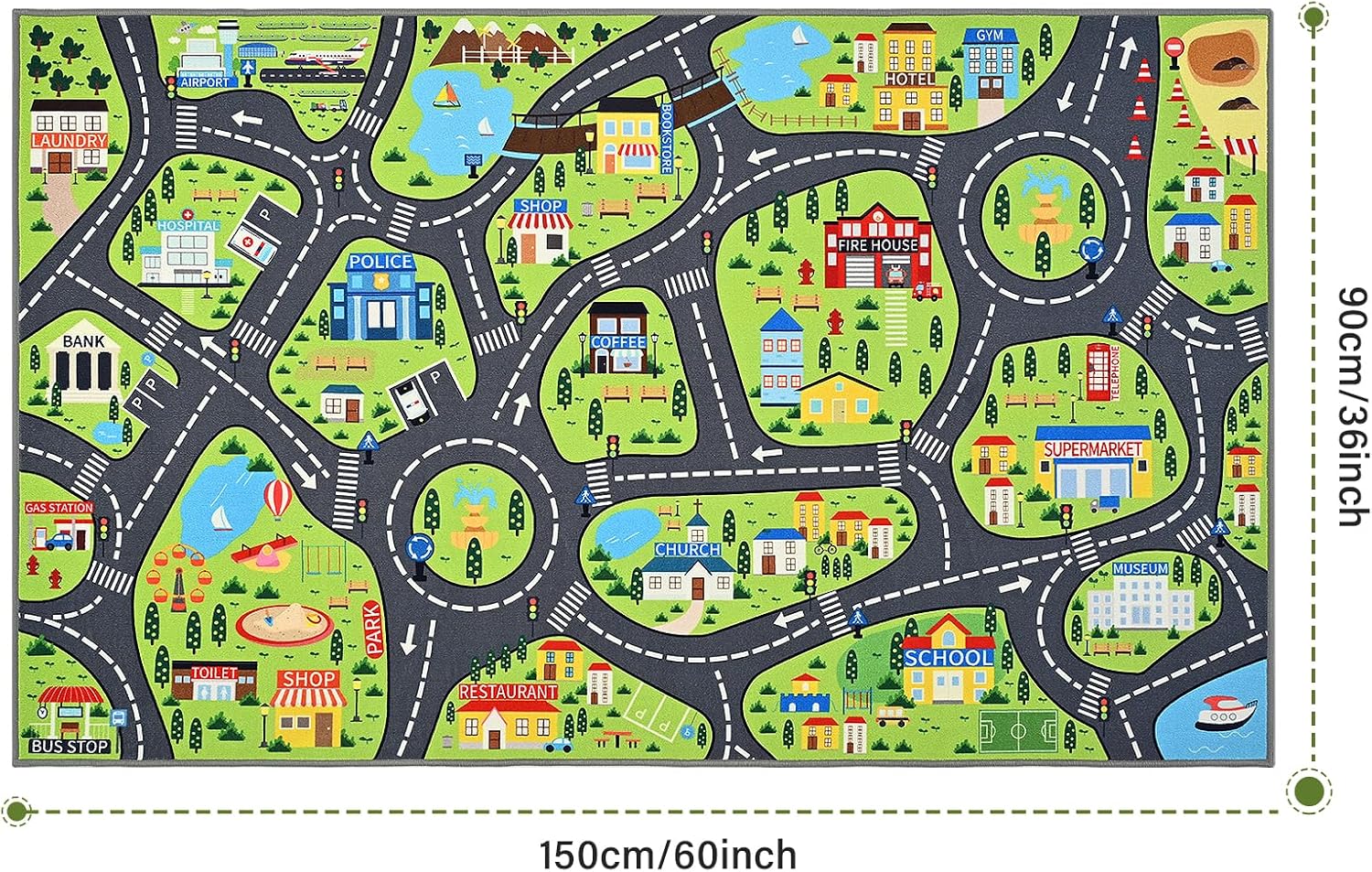  ( similar ) Kids Car Play Rugs - 36\"x60\" Learning and Fun City Road Map Play Mat for Playing with Cars Trucks, Non-Slip Playmat for Nursery, Playroom Bedroom and Classroom, Machine Washable City View 3' x 5' (60\"x36\")