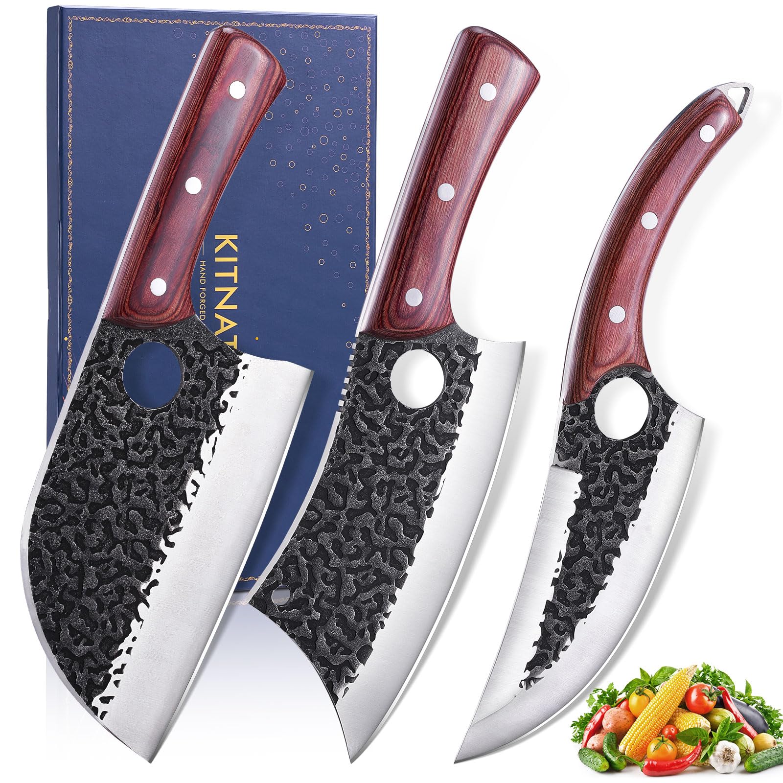 KITNATS 3PCS Hand Forged Butcher Knife Set, Full Tang Viking Kitchen Knives