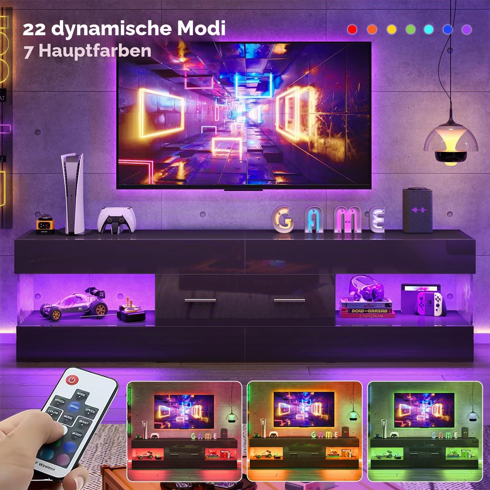 Bestier TV-Schrank für 55/60/65-Zoll-Fernseher, Hochglanz-TV-Möbel mit Seitenwänden in Steinoptik, LED-Entertainment-Center mit großer Schublade, TV-Konsole für Wohnzimmer und Schlafzimmer (Schwarz)