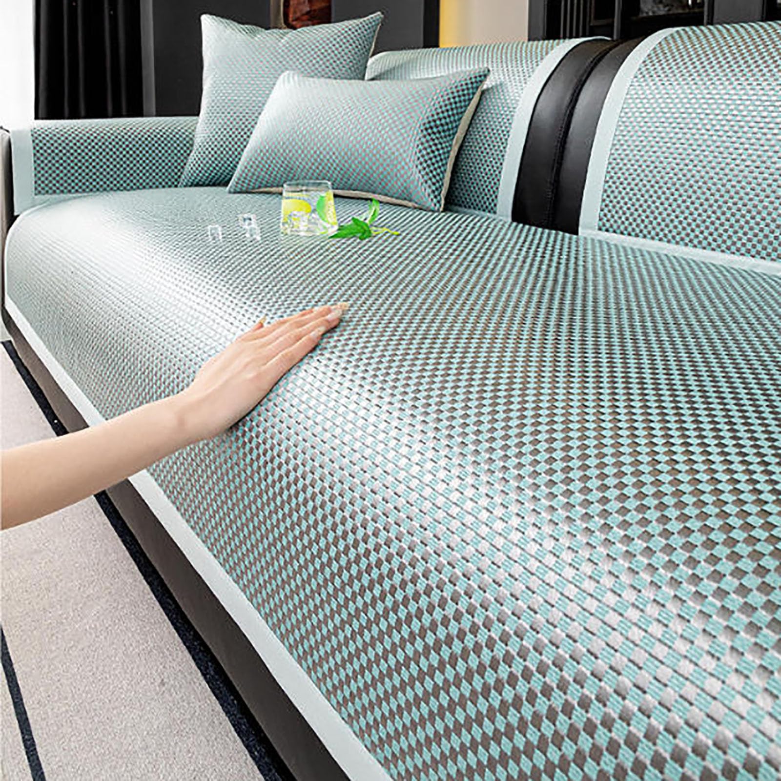 Generisch Sofaauflage aus Rattan,Kühlende Sommer-Sofa-Schonbezüge Sofaschutz Hund Katze Kratzschutz Sofabezug Möbelschutz für Wohnzimmer L Form Sofaschoner Chaiselongue Ecksofa,Coffee,70x180cm