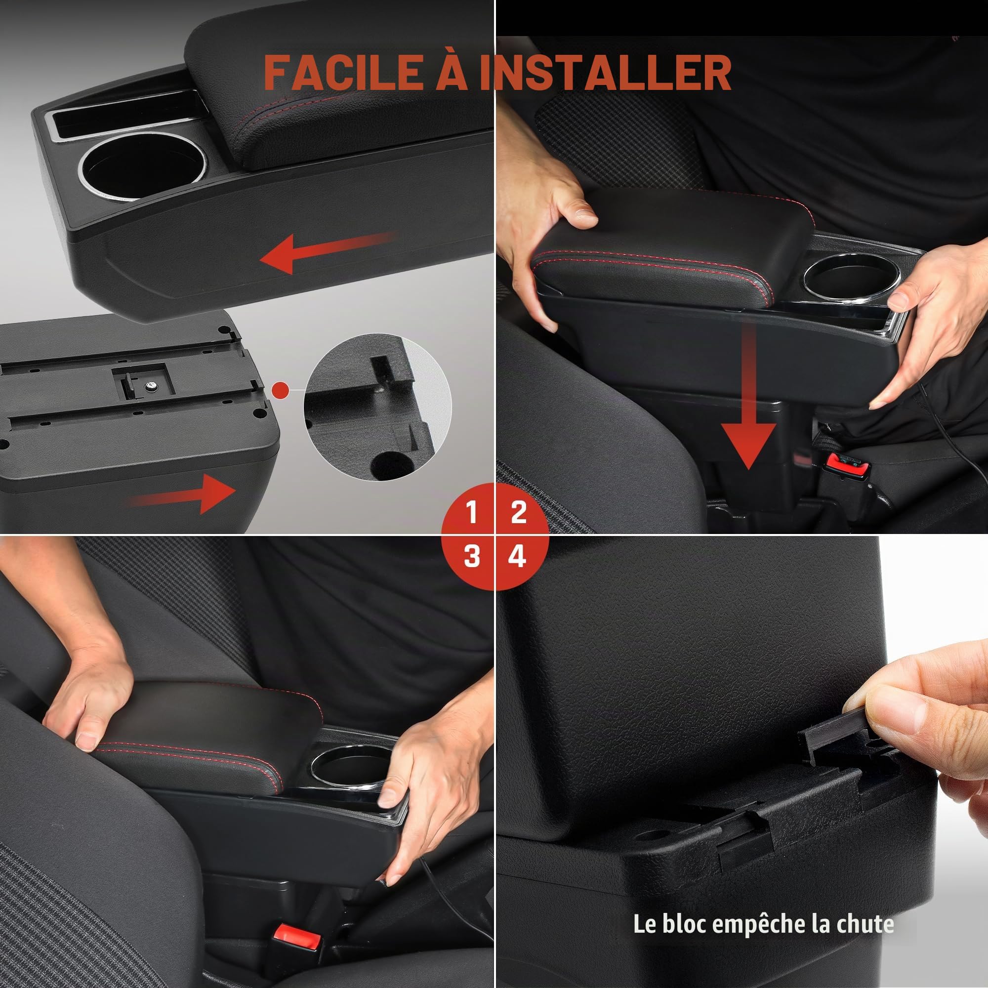 Accoudoirs de Voiture pour Opel Adam Console Centrale Double Couche D'espace de Rangement avec Porte-gobelets Facile à Assembler Cuir Confortable et Durable Noir (Ligne Rouge)