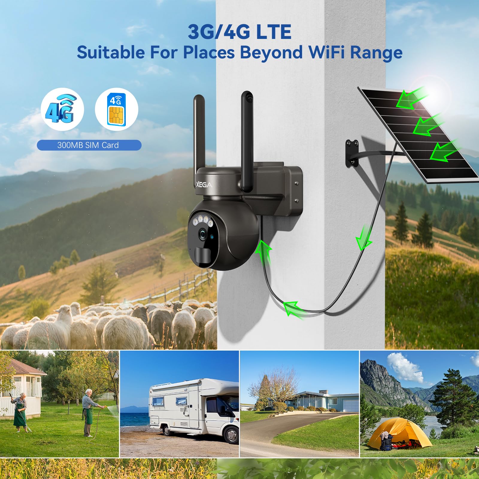 Xega 4G LTE Cámara Vigilancia Exterior con Tarjeta SIM Solar Inalámbrica | 2K HD Cámara de Seguridad con Batería PTZ 355°/90° Visión Nocturna Detección De Movimiento Audio Bidireccional