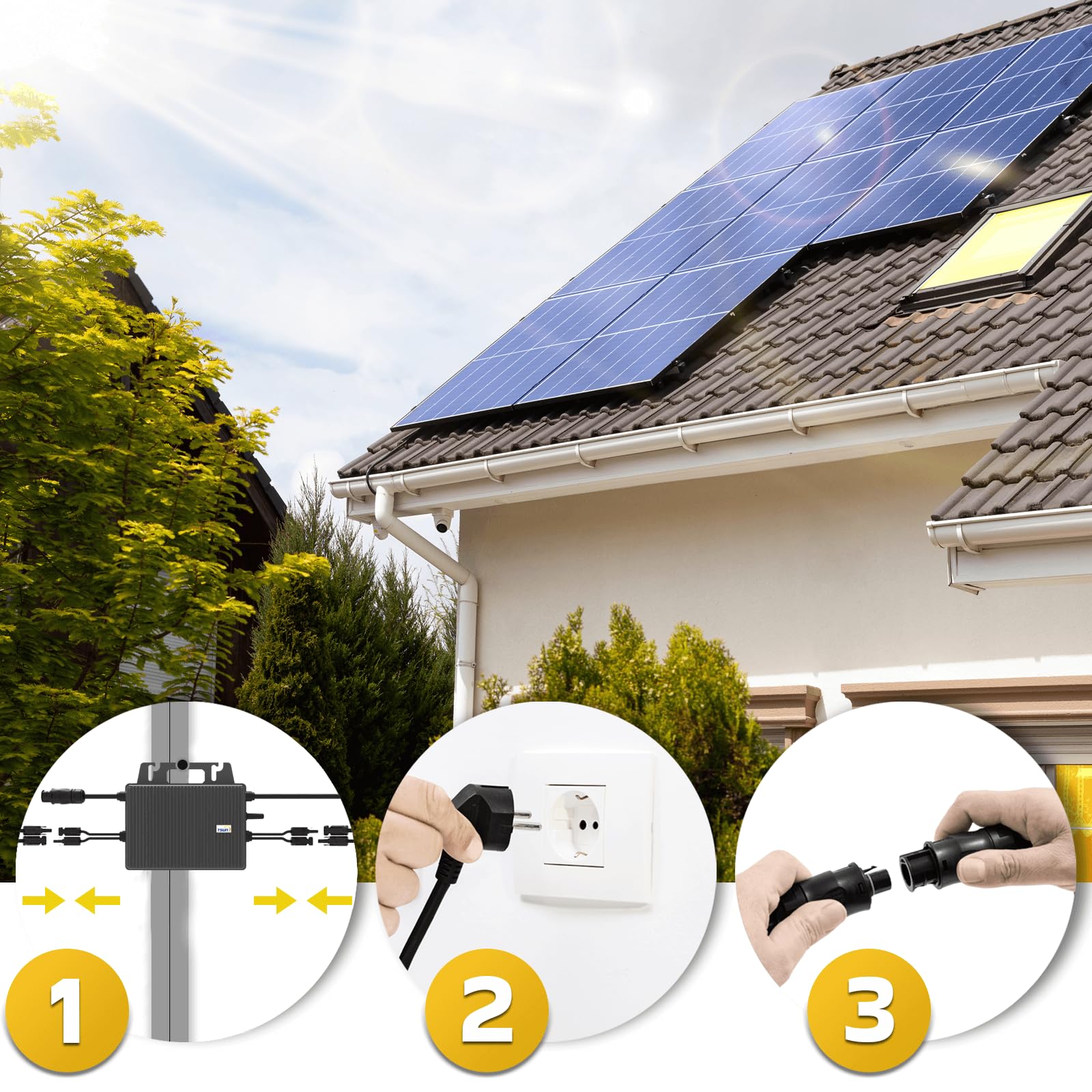 SUNNIVA® 1840W Balkonkraftwerk BIFAZIAL FULLBLACK komplett Steckdose TSUN 800W Wechselrichter, PV Solaranlage, 4x 460W Glas-Glas Solarmodule, inkl. 5m Kabel, Bluetooth WIFI, Komplettset