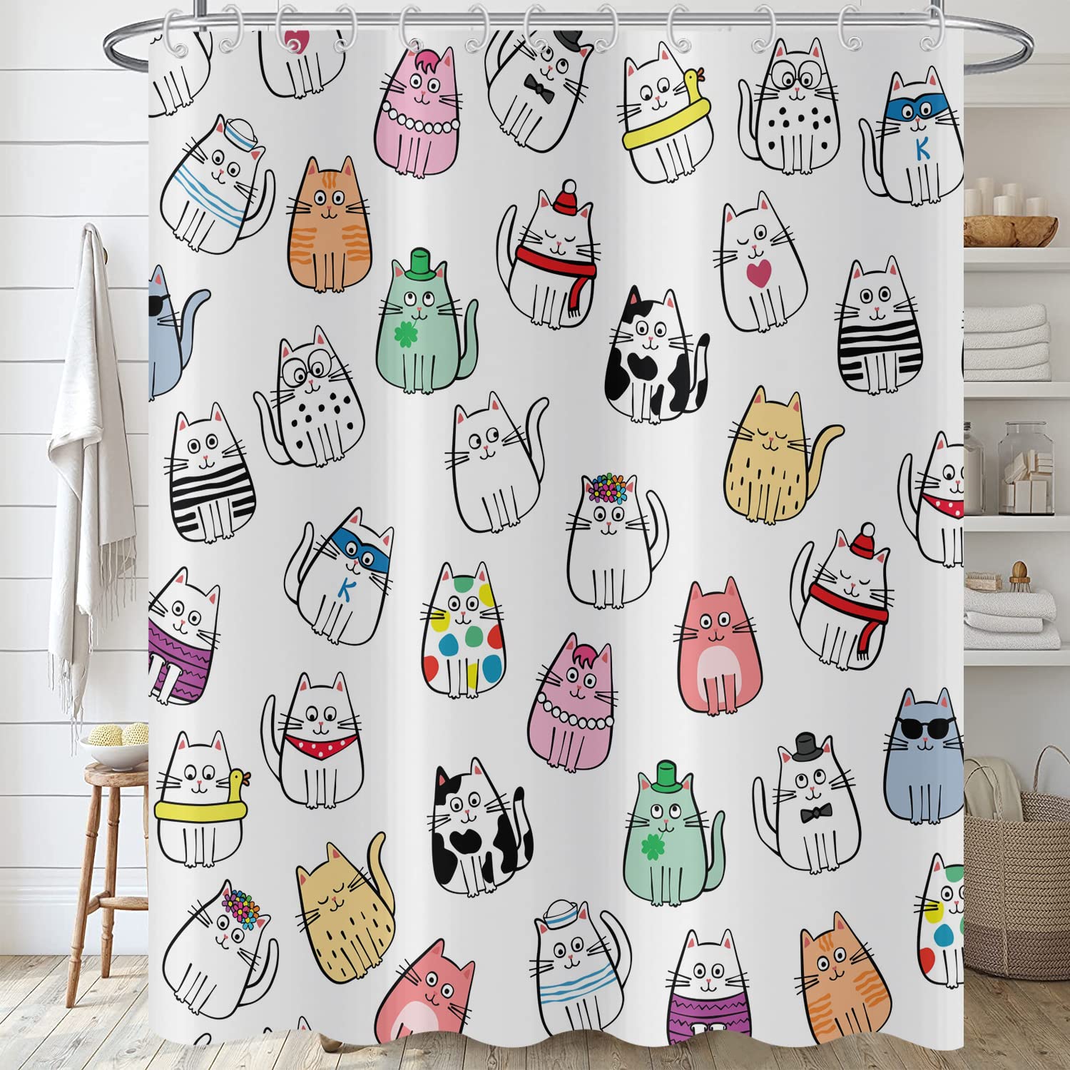 Hnmdmyi Cat Shower Curtain 200x180, Funny Cartoon Animal Kitten Colorful Lovely Pets Kids Boys Girls Bathroom Curtains with Hooks Waterproof Polyester Fabric Washable Bath Curtains for Wet Room