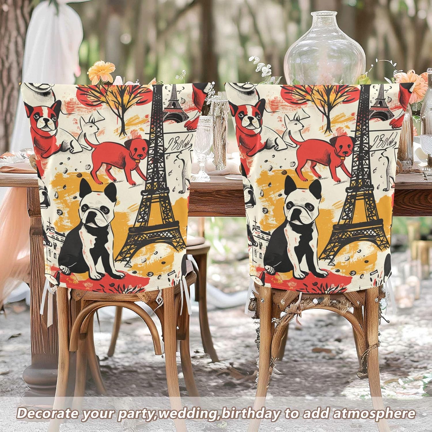ALAZA Vintage Dogs Paris Chair Back Cover Set of 6, Washable Reusable Removable Chair Slipcovers Decorative Chair Cover for Home Kitchen Wedding Party