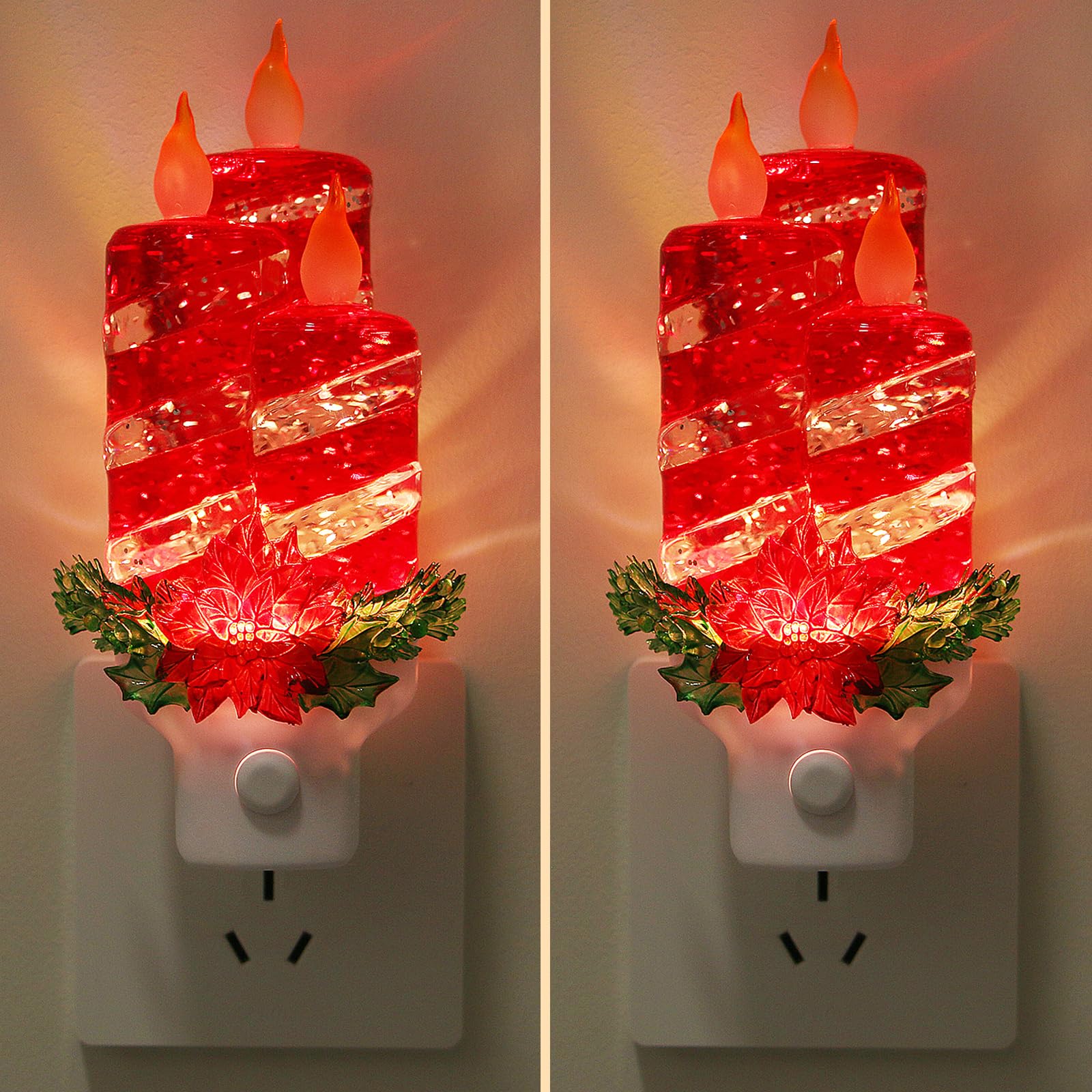 2 sztuki świątecznych świec, lampka nocna do podłączenia do ściany, brokatowa, woda, lampka nocna z opcjami USB/gniazdka, świąteczna dekoracyjna lampka nocna do sypialni, kuchni, przedszkola