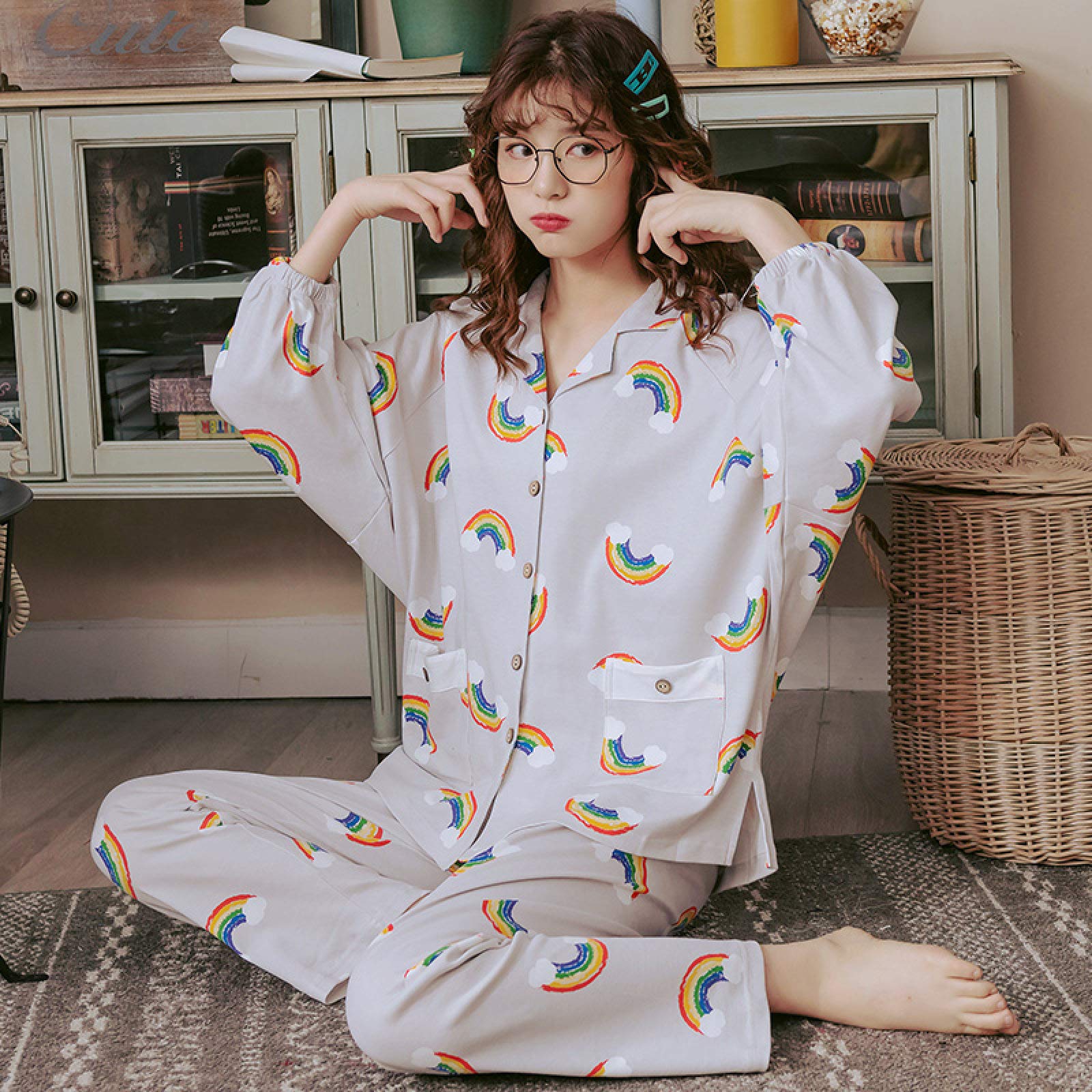 Piżamy damskie, komplety piżam w tęczowy wzór dla kobiet Stylowe piżamy z kreskówek Długie rękawy Długie patelnie Piżamy damskie Casual Homewear Big Size