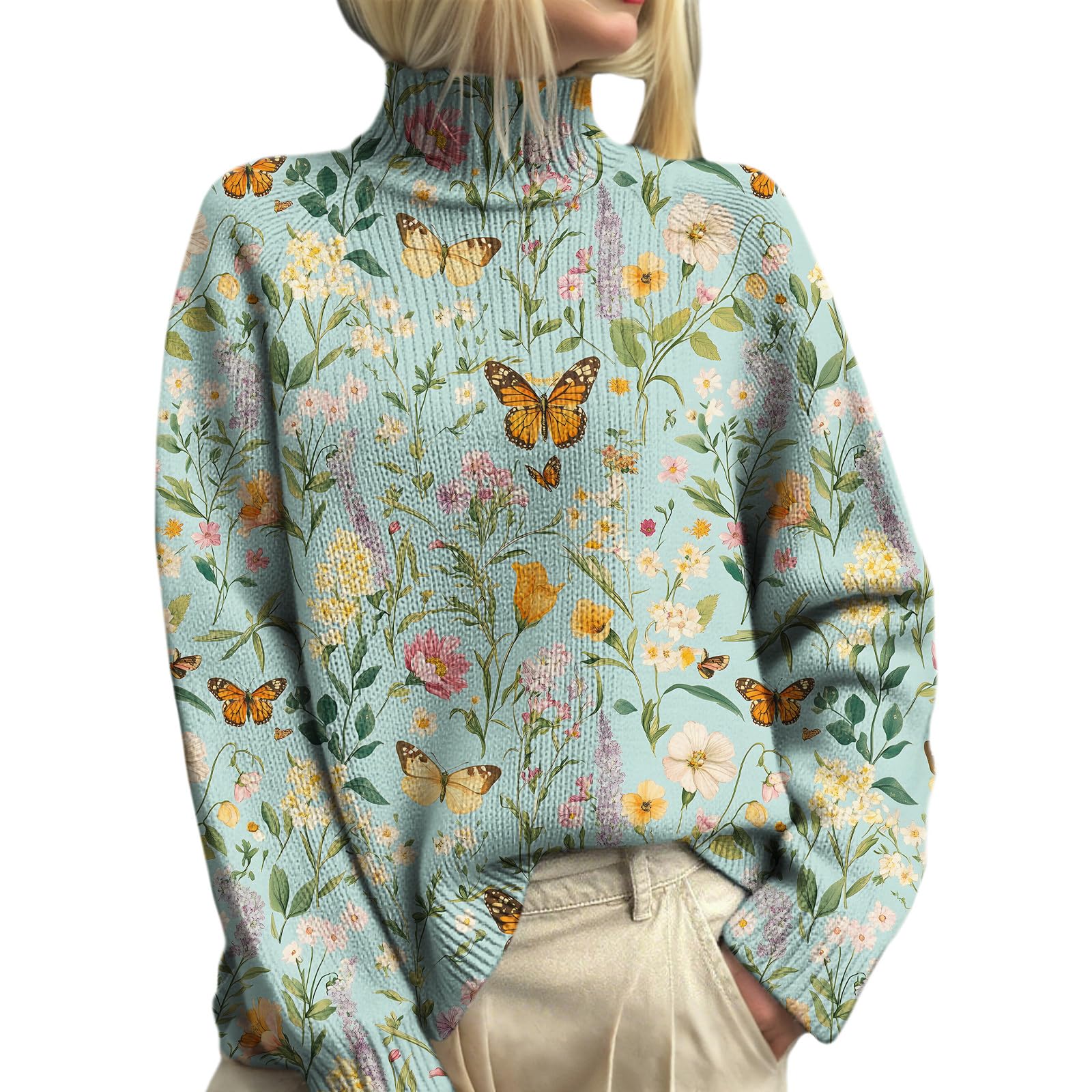 Womens Long Sleeve Plus Size Sweaters Casual High Neck Flower Graphic Ribbed Knit Loose Pullover Tops