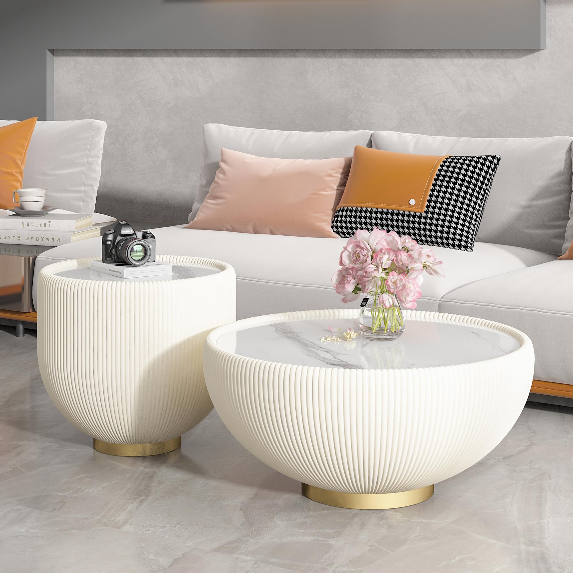 Round Coffee Table Set of 2, 2-Piece Marble Living Room Coffee Table and End Table Set, Modern Bowl Center Table Circle Side Tables for Small Place