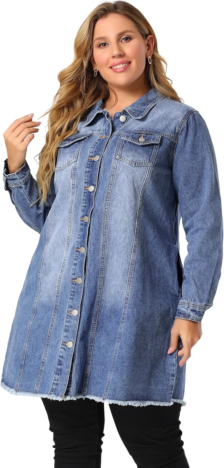 Agnes Orinda Women's Plus Size Denim Jacket Casual Long Distressed Button Up Pockets Jean Jackets Fall Outfits - Image 4