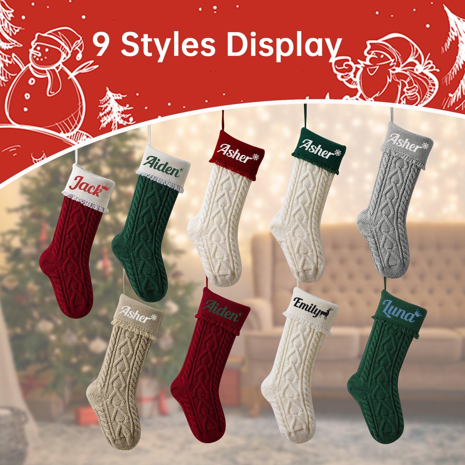 Weihnachtsstrümpfe, bestickt, 45,7 cm, gestrickt, 45,7 cm, für Kamin, Treppe, Zuhause, Weihnachtsbaum, 9 Stück