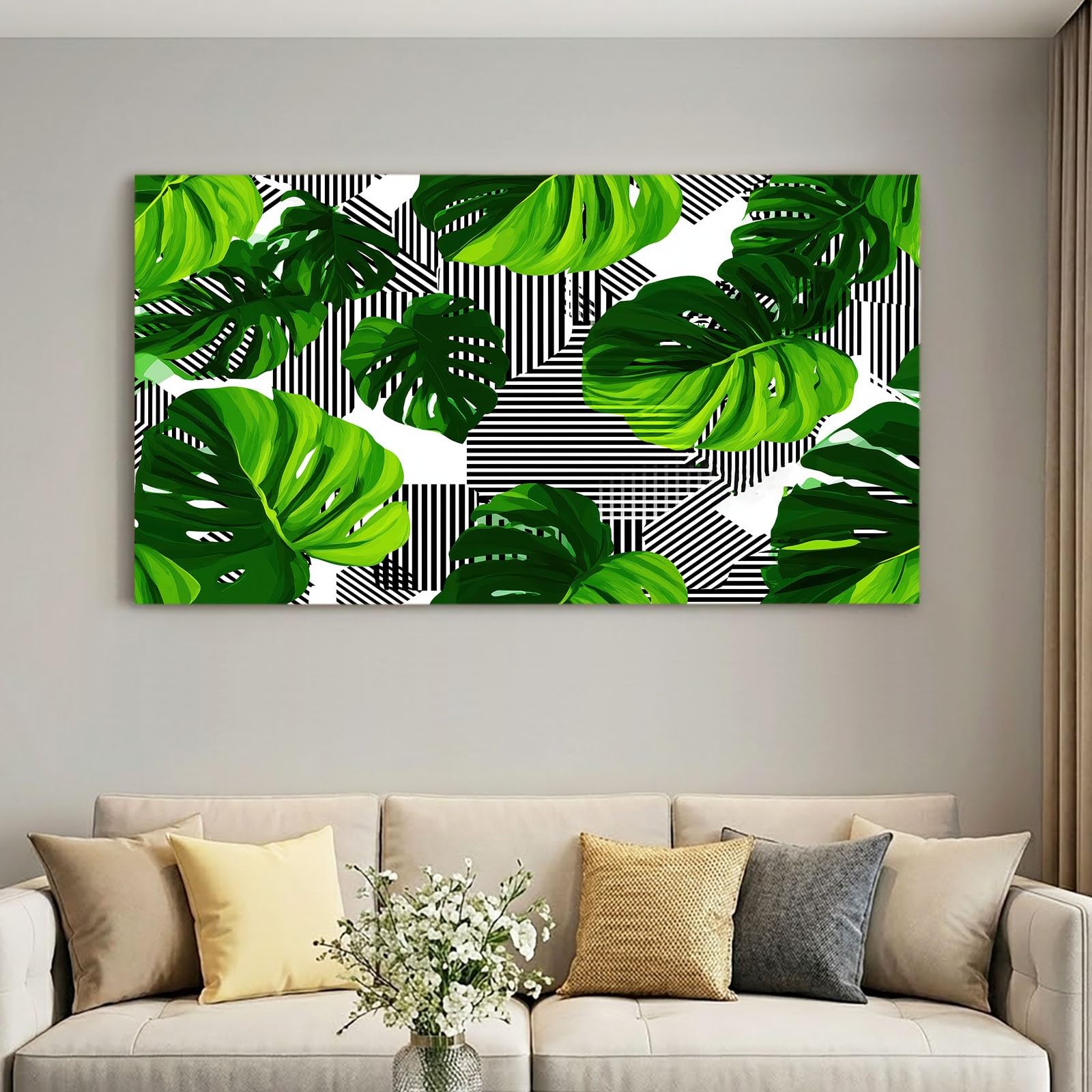 Wall Art 90 x 60 cm Stampa su tela astratta - Poster impermeabile verde geometrico a righe foglie di Monstera, pittura per soggiorno, camera da letto, ufficio, cucina, decorazione casa