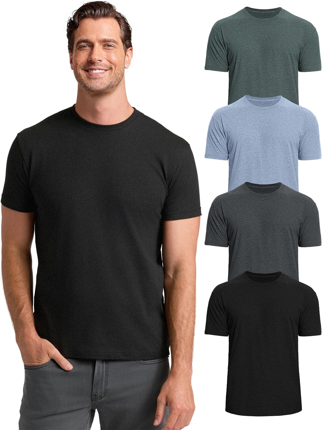Mens T-Shirts 4 Pack Crew Neck Cotton Blend Mens T Shirts, Athletic Fit T Shirts for Men Pack Plain Basic Mens Shirts