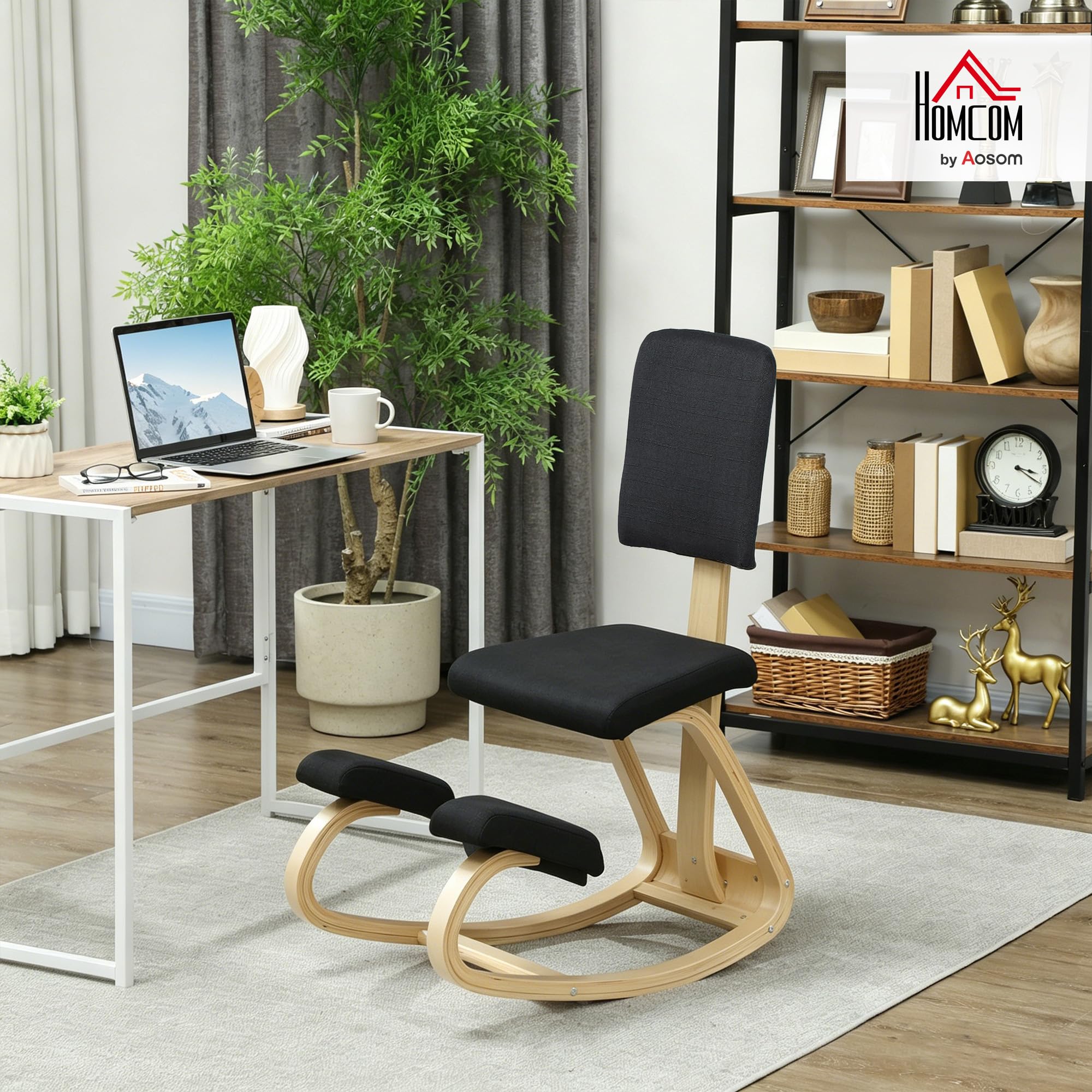 HOMCOM Chaise à Genoux Ergonomique avec Dossier, siège Assis Genoux à Bascule, Tabouret Ergonomique, Tabouret Bureau orthopédique, correcteur de Posture, soulager Les douleurs au Dos, Noir