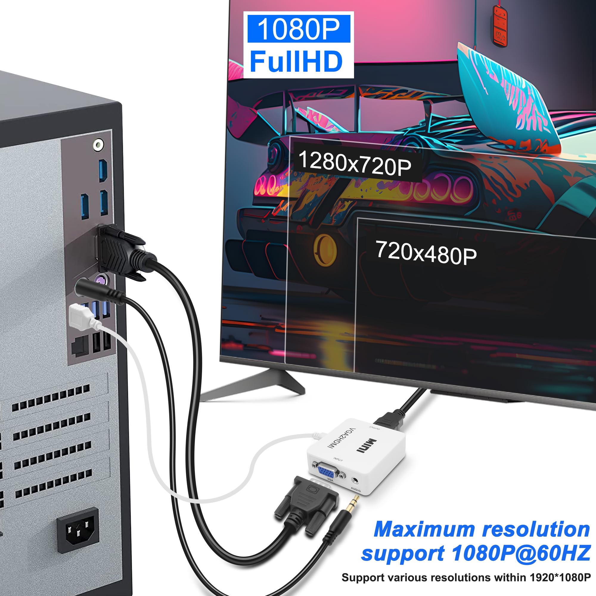 Convertisseur VGA vers HDMI 1080p avec port audio 3,5 mm pour PC, ordinateur portable, projecteur (blanc)