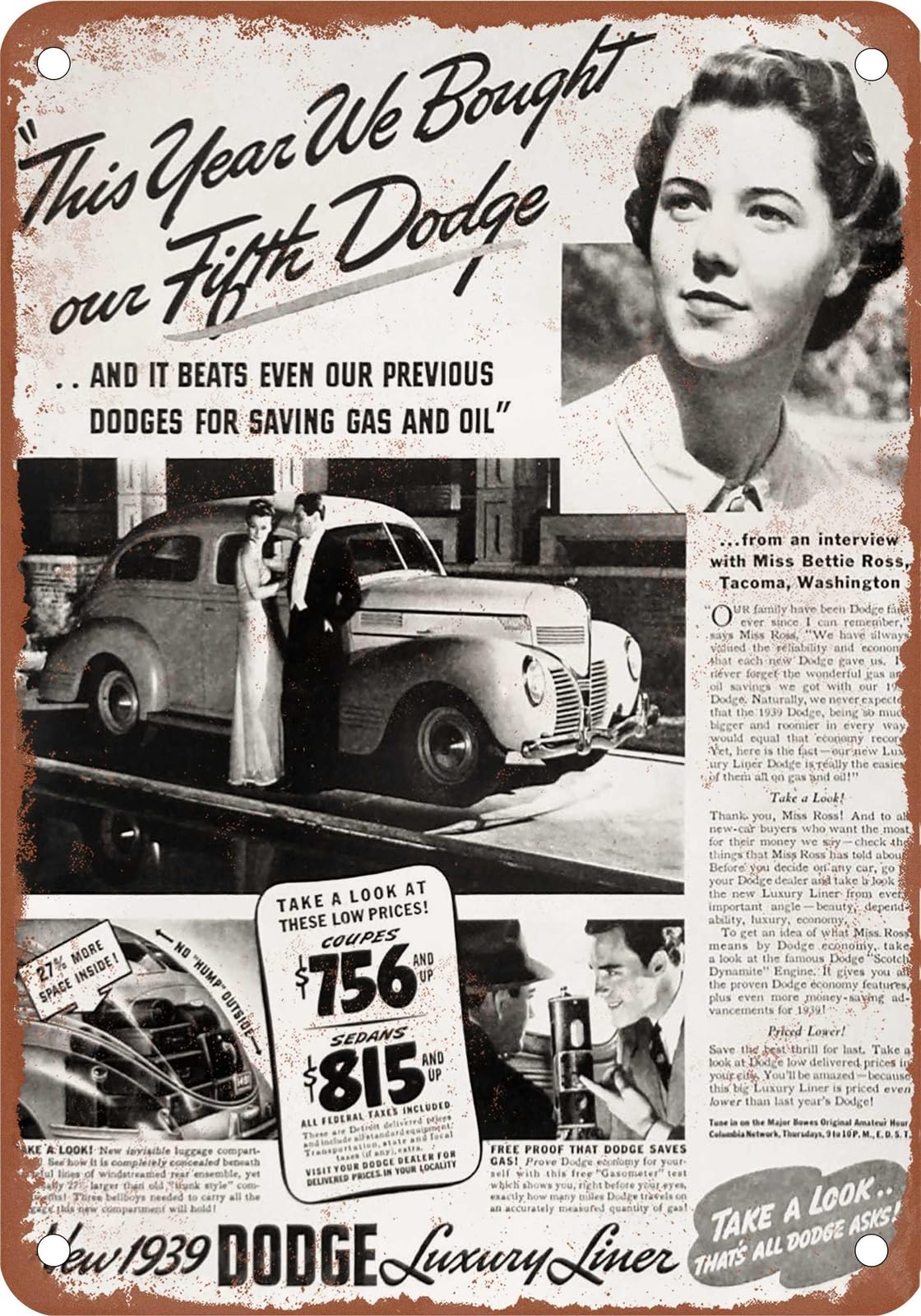 METAL SIGN - 1939 Dodge Vintage Ad 02 - Old Retro Rusty Look home decor