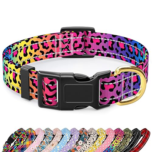 TMOODEL Reflective Dog Collar for Small Dogs Cats, Cute Leopard Style Adjustable Heavy-Duty Nylon Puppy Collar for Boy and Girl Female, Soft Pet Accessories with Quick Release Buckle, Neon - Neon Leopard Print - S (Neck 10-16", Width 3/4")