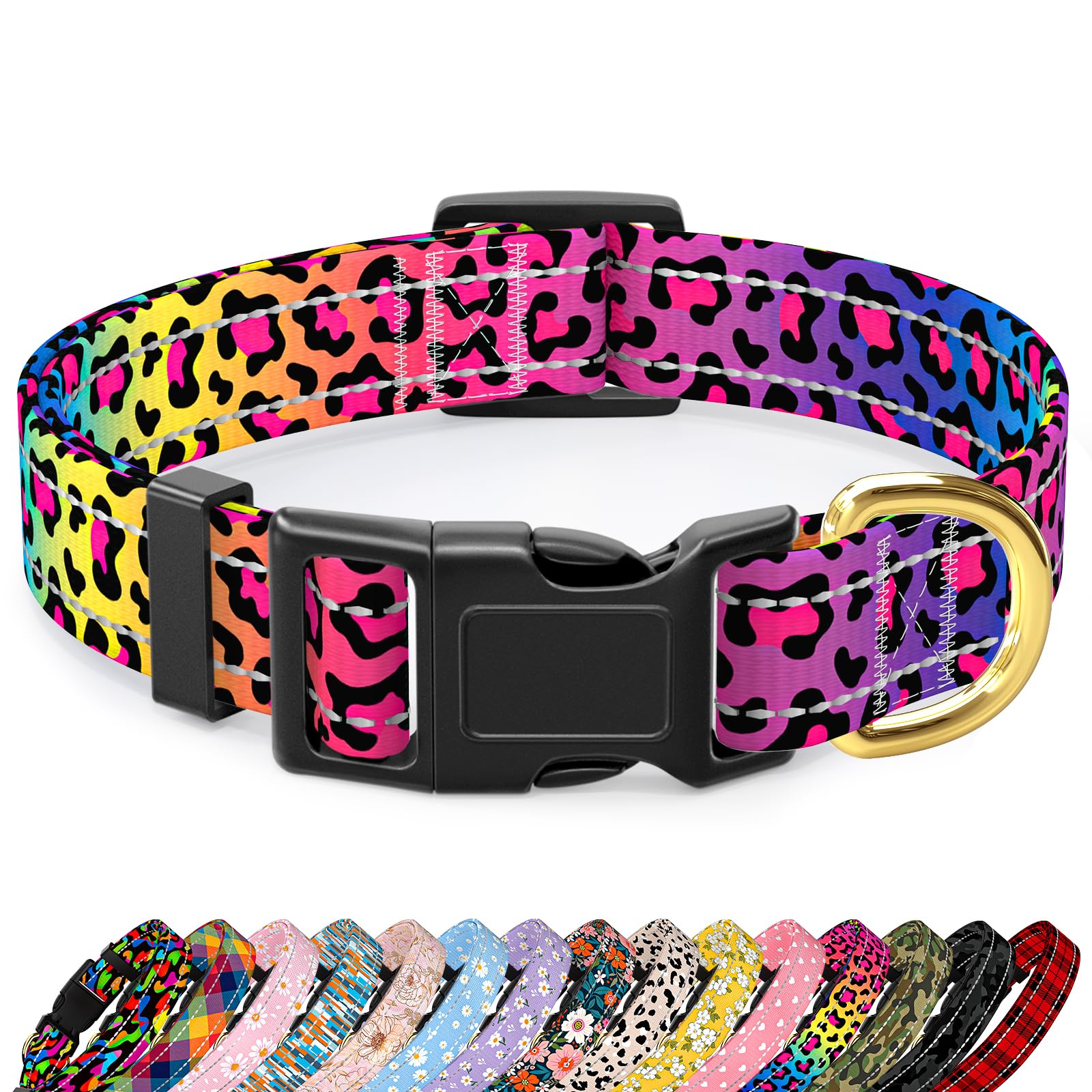 TMOODEL Reflective Dog Collar for Small Dogs Cats, Cute Leopard Style Adjustable Heavy-Duty Nylon Puppy Collar for Boy and Girl Female, Soft Pet Accessories with Quick Release Buckle, Neon