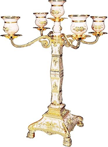 Miniatura 2 de RosyLine Candelabro de metal de 17 pulgadas de altura, portavelas con 5 brazos, portavelas de bronce antiguo, centro de mesa para decoración del