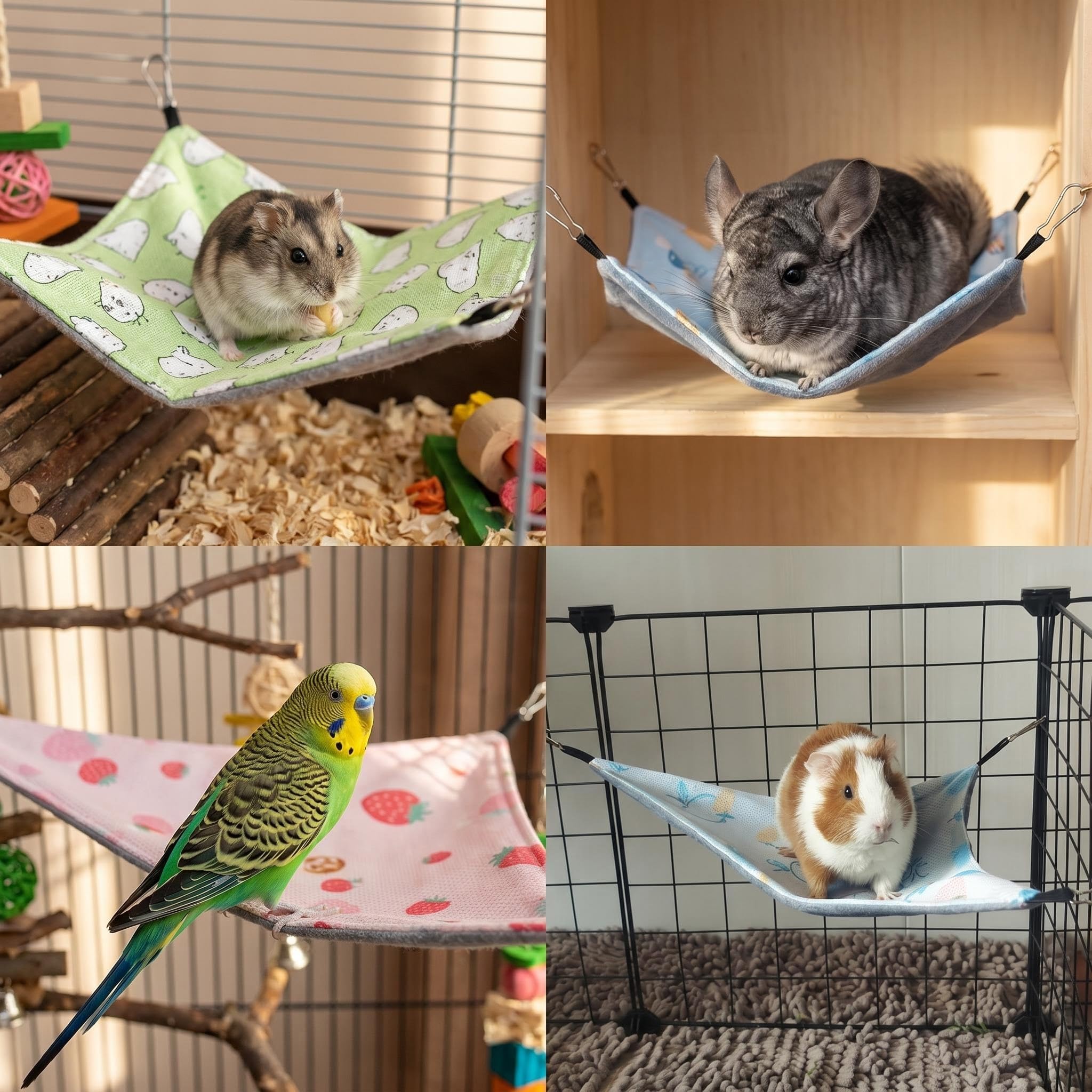 Durdiiy Guinea Pig Hammock,4 PCS Chinchilla Hanging Corner Hammock with Hooks All Seasons Available for Small Animals Rat Parrot Sugar Glider Ferret Squirrel