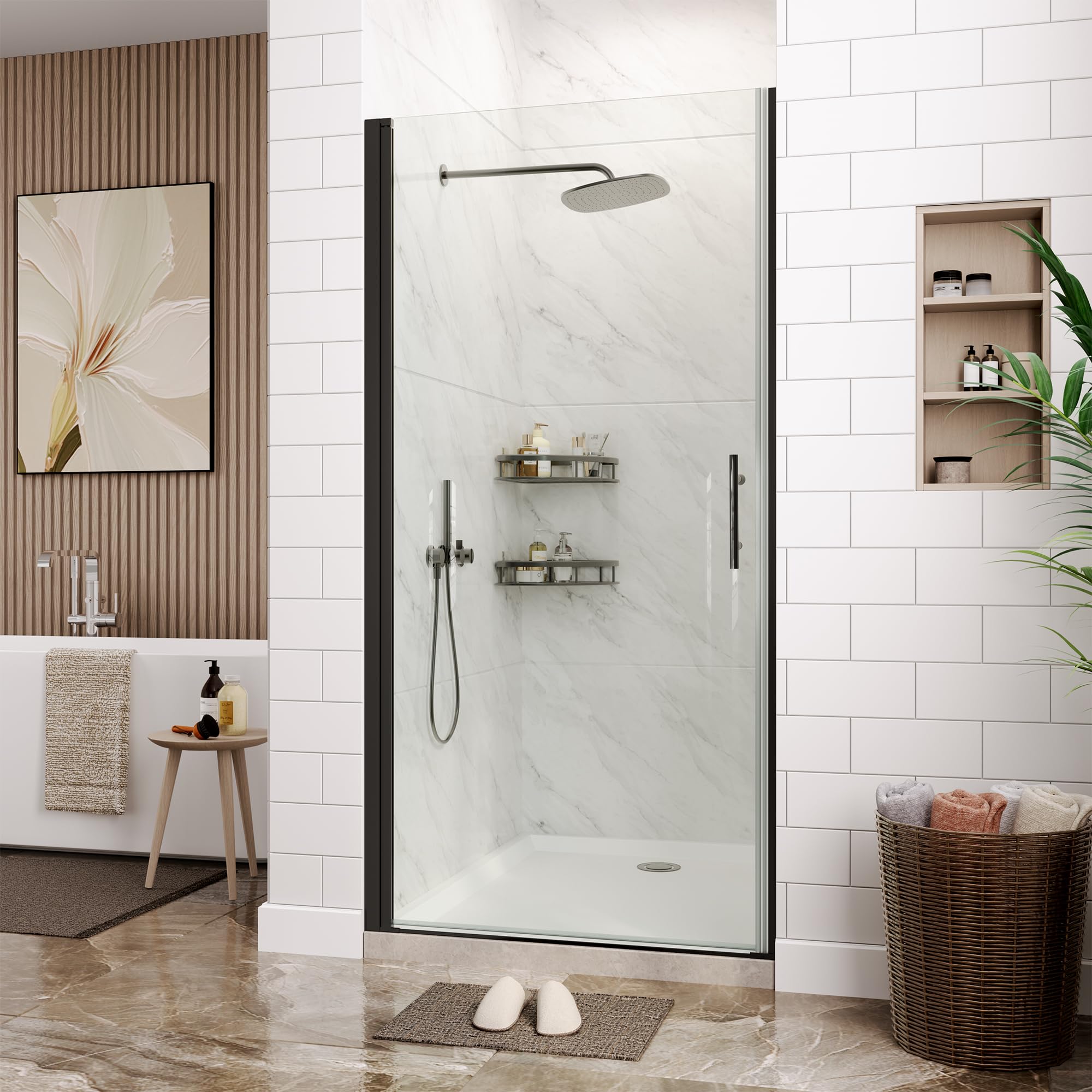 72'' H x 34'' W Frameless Pivot Shower Door - 1/4 Inch Clear Tempered Glass Swing Shower Doors &amp; Matte Black Finish - Waterproof Reversible Easy Clean