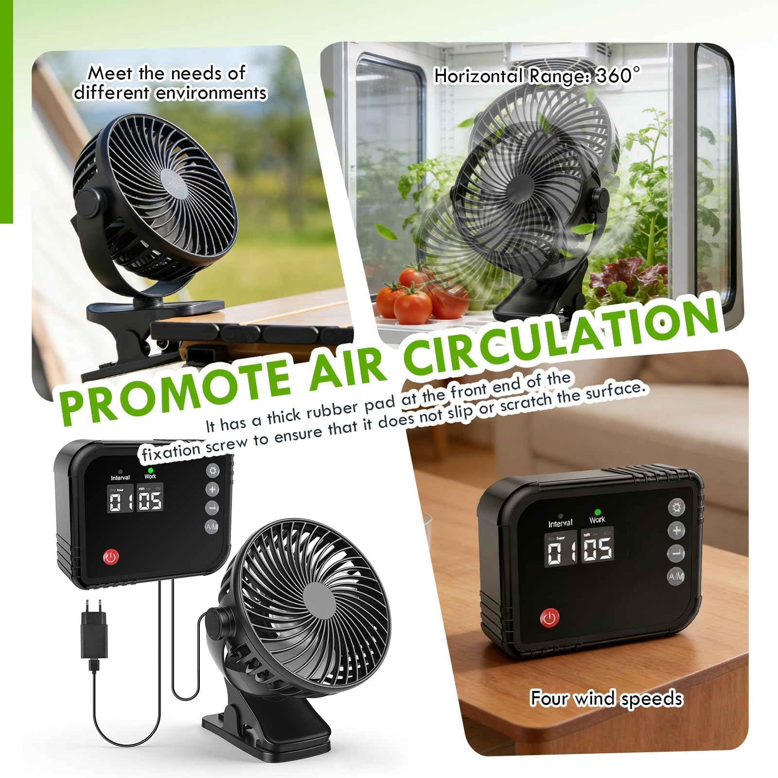 Growbox Ventilator mit Timer, 360° Umluftventilator für Pflanzen, LED Display, 1–60 Min Laufzeit & 1–24 Std Intervall, 2,9 m Kabel, Pflanzenventilator für Gewächshaus, Terrarium und Kleintiergehege