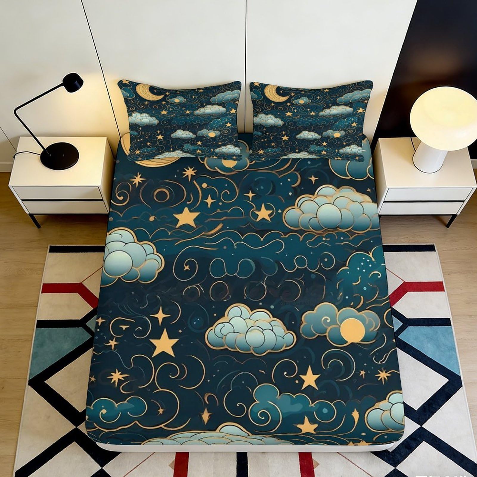3D Printed Dreamy Star Cloud Fitted Sheet Microfiber Deep Pocket Bedroom Bedding Fantasy Cloud Mattress Fitted Cover Elastic Washable 90x200x25cm