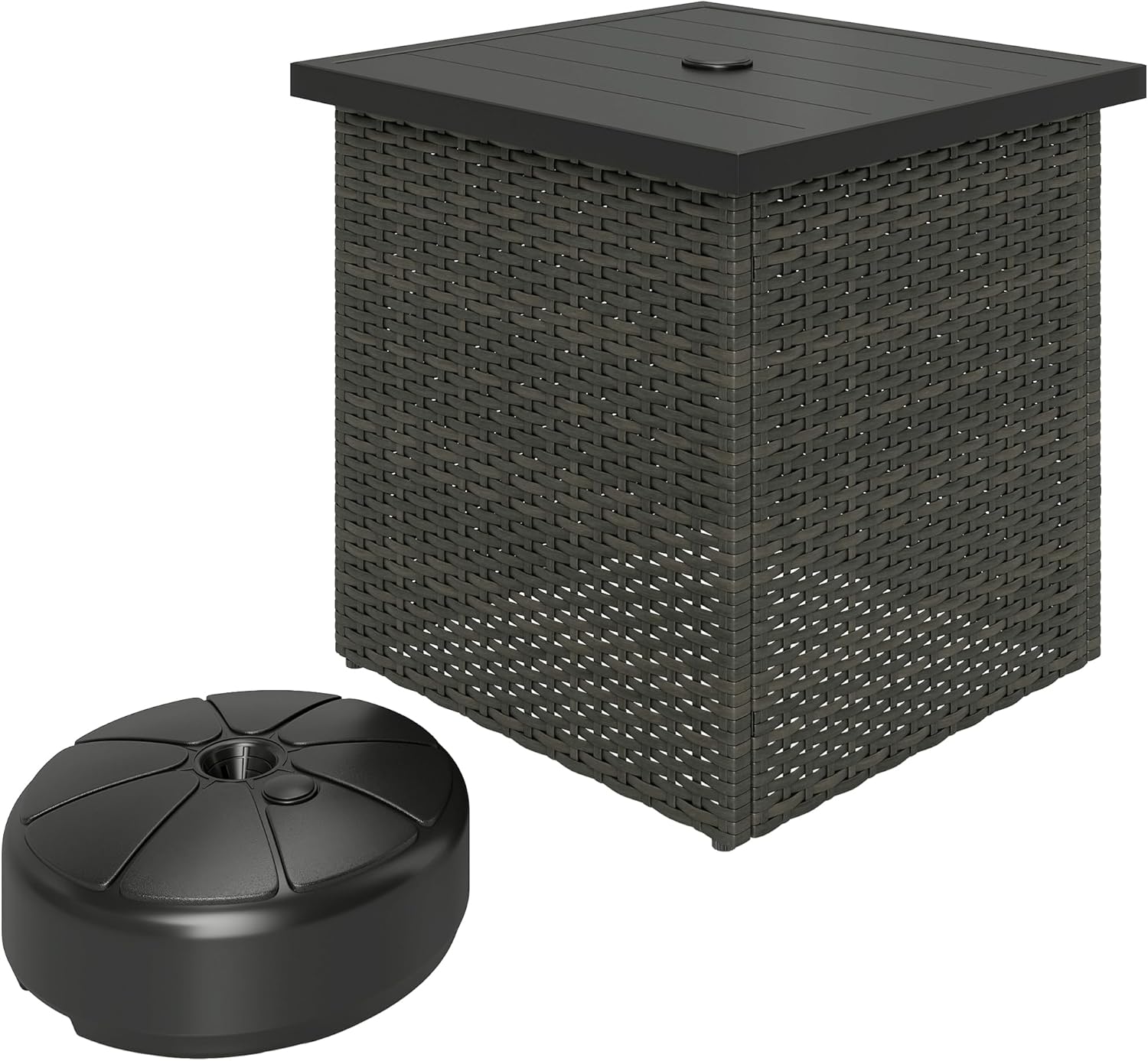 Outsunny All Weather Wicker Side Table with 1.5" Umbrella Hole, Square PE Rattan Outdoor End Table with Umbrella Base, UV-Resistant Frame, Storage Space for Patio, Garden, Poolside, Deck, Mixed-Brown